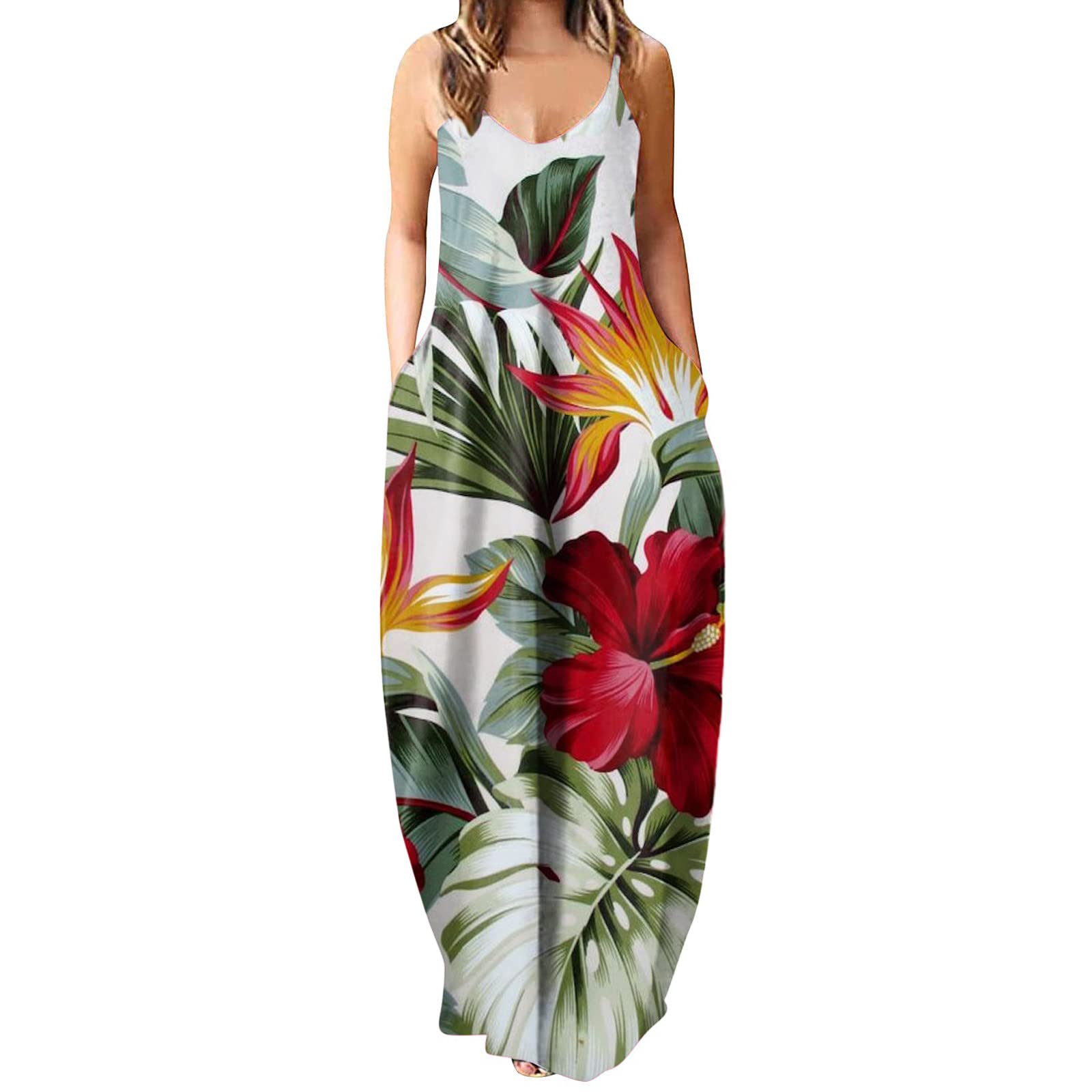 Women's Summer Casual Sleeveless V-Neck Loose Comfy Beach Sundress - Plus Size Flowy Maxi Dress for Vacation, Pool Party & Outdoor Activities