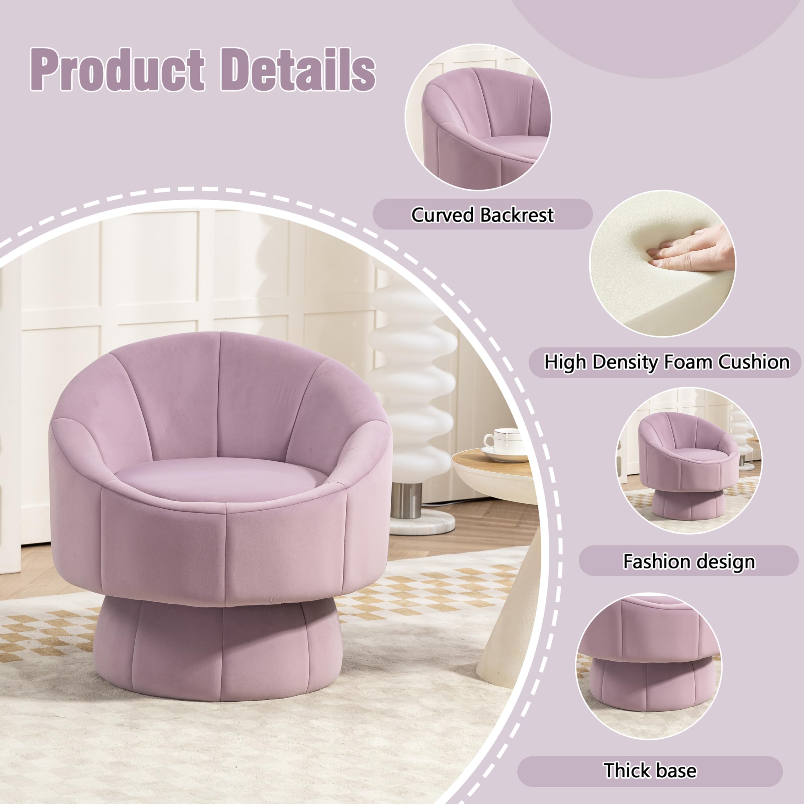 360° Swivel Velvet Accent Chair - Modern Round Barrel Upholstered Sofa for Bedroom, Living Room & Office - Perfect for Reading Nook, Lounge Area or Small Space Decor