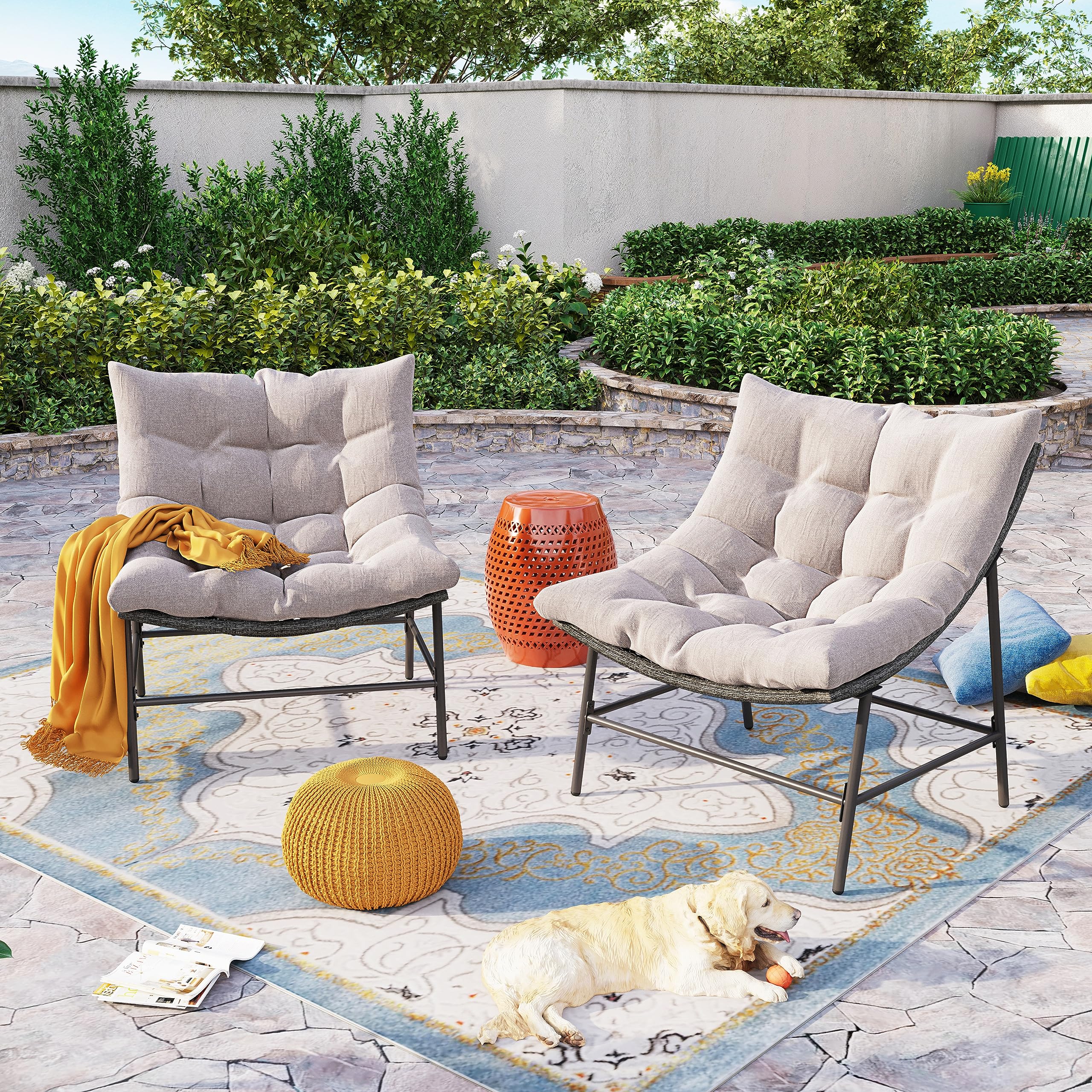 Sophia & William Outdoor Papasan Chairs Set of 2 - Rattan Club Scoop Lounge Chairs with 3.9