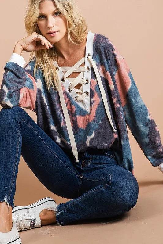 BiBi Tie Dye Deep V Neck Lace-Up Front Women's Tops | Boho Chic Summer Blouse for Beach, Festival & Casual Outfits