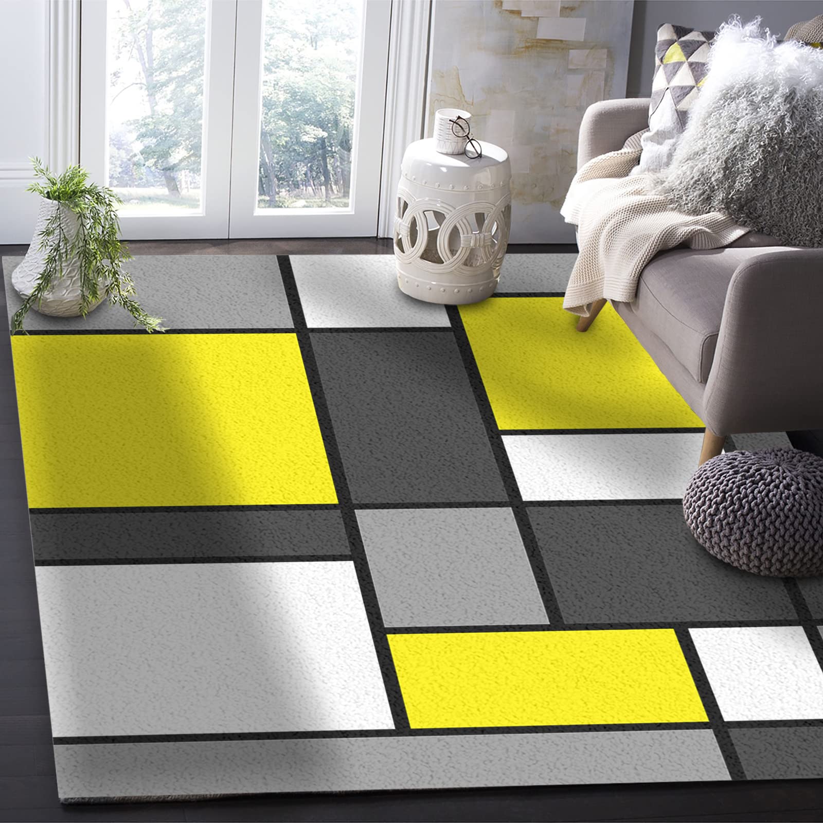 Modern Geometric Area Rug 2.7' x 5' - Abstract Yellow Gray Nursery Carpet, Kitchen Runner & Living Room/Bedroom Floor Mat - Soft Non-Slip Throw Rug for Kids Room, Dorm & Home Decor