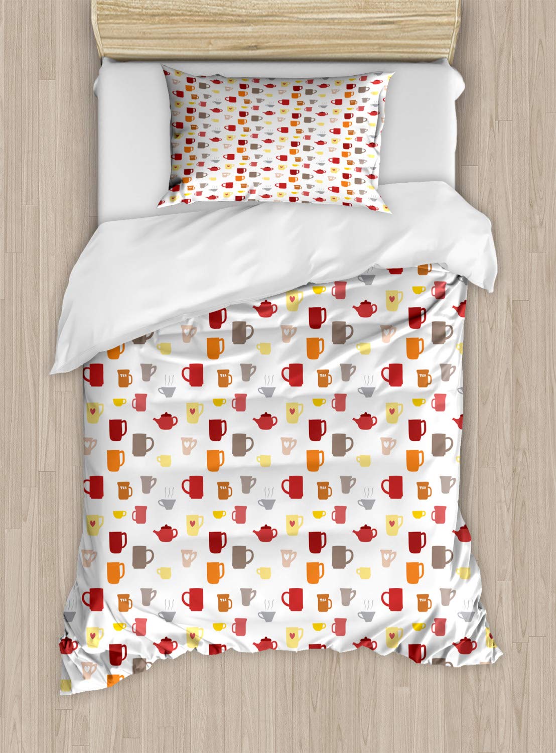 Ambesonne Tea Party Duvet Cover Set - Colorful Coffee Cups & Tea Mugs Design, 2-Piece Bedding Set with Pillow Sham, Twin Size, Multicolor - Perfect for Tea Lovers & Cozy Bedroom Decor