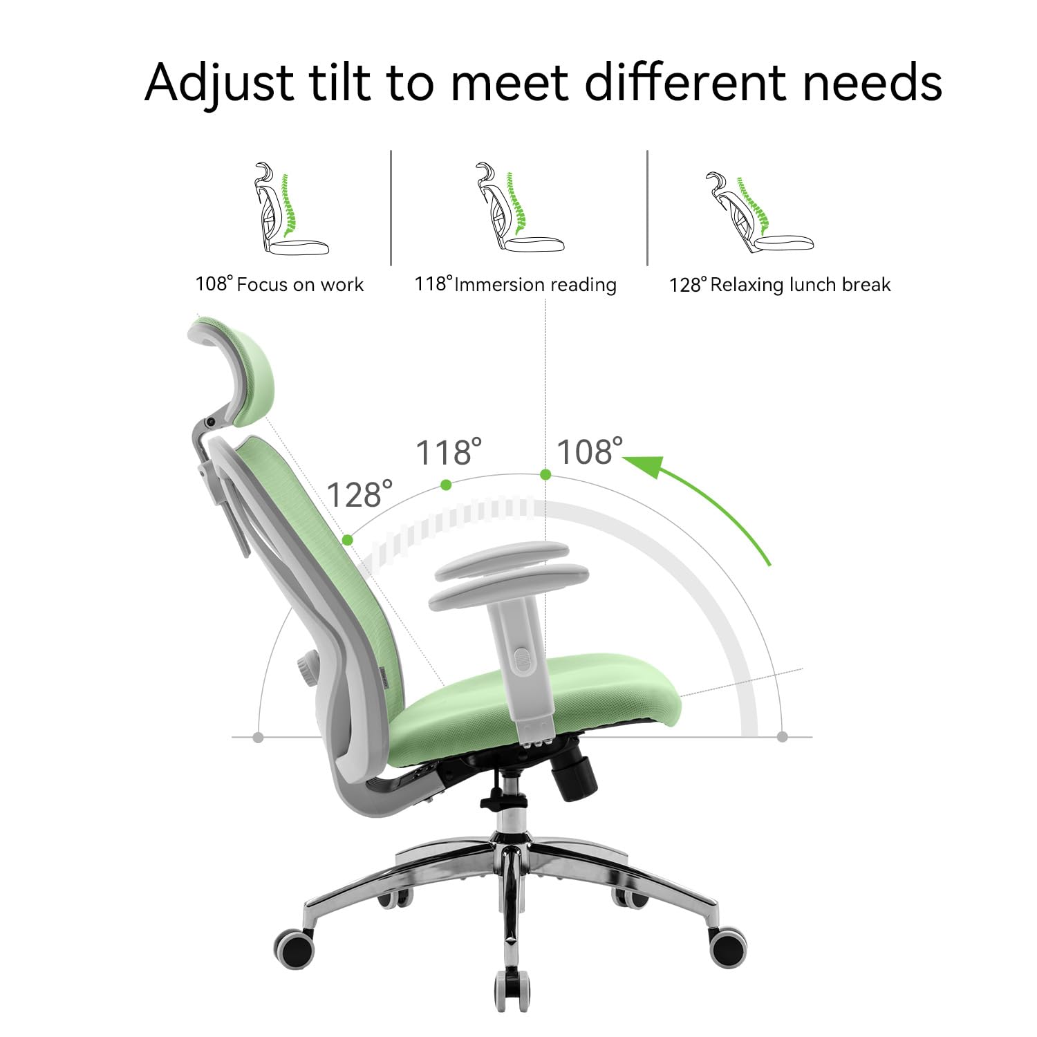SIHOO M18 Ergonomic Office Chair - Adjustable Headrest & Lumbar Support, High Back Executive Swivel Chair for Home Office & Gaming, Light Green - Perfect for Long Work Hours & Comfortable Workspace Setup