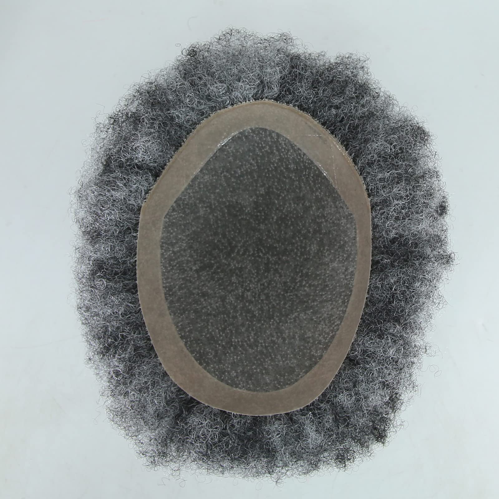 Men's Afro Toupee Wig 1B Mix 50% Grey - Human Hair Short Curly Afro Hairpiece with Mono & PU Base (8x10 Inch) - Perfect for Black Men's Hair Systems, Daily Wear & Special Occasions