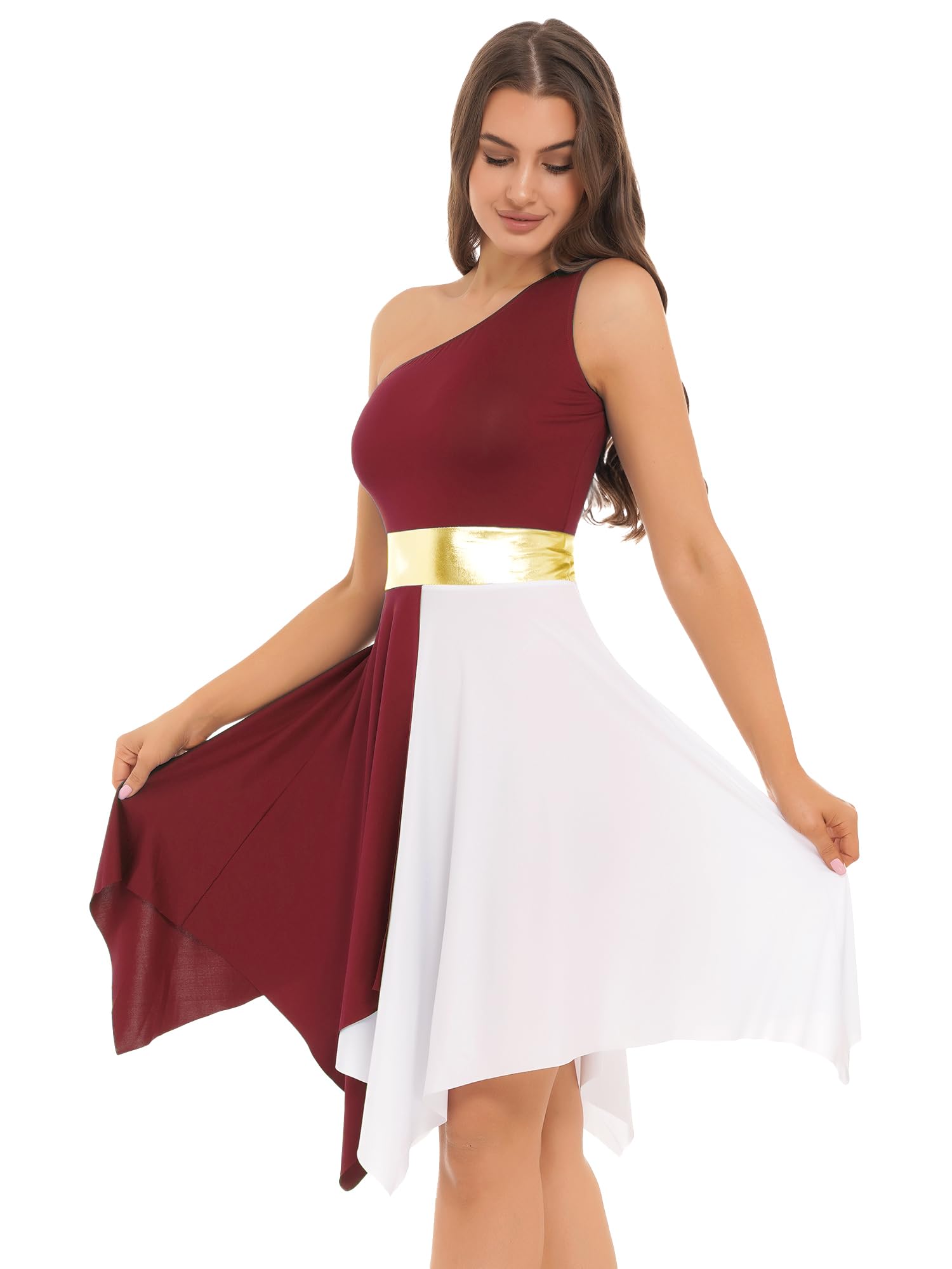 JEYPINMI Women's One Shoulder Liturgical Praise Dance Dress - Elegant Worship Lyrical Costume for Church Performances and Spiritual Events