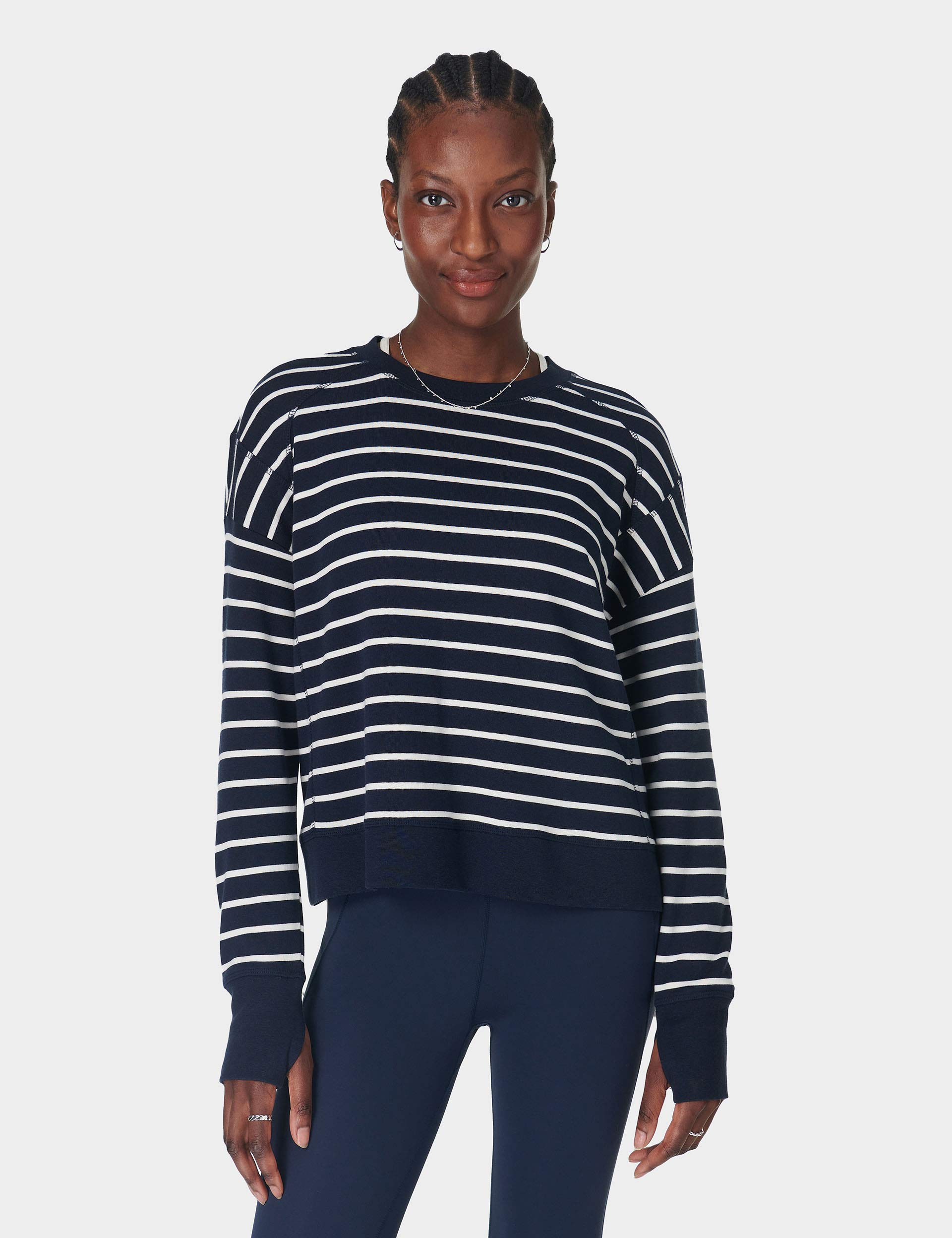 After School Crop Sweatshirt for Women - Navy & White Striped Pullover - Casual Wear for College, Gym, and Street Style