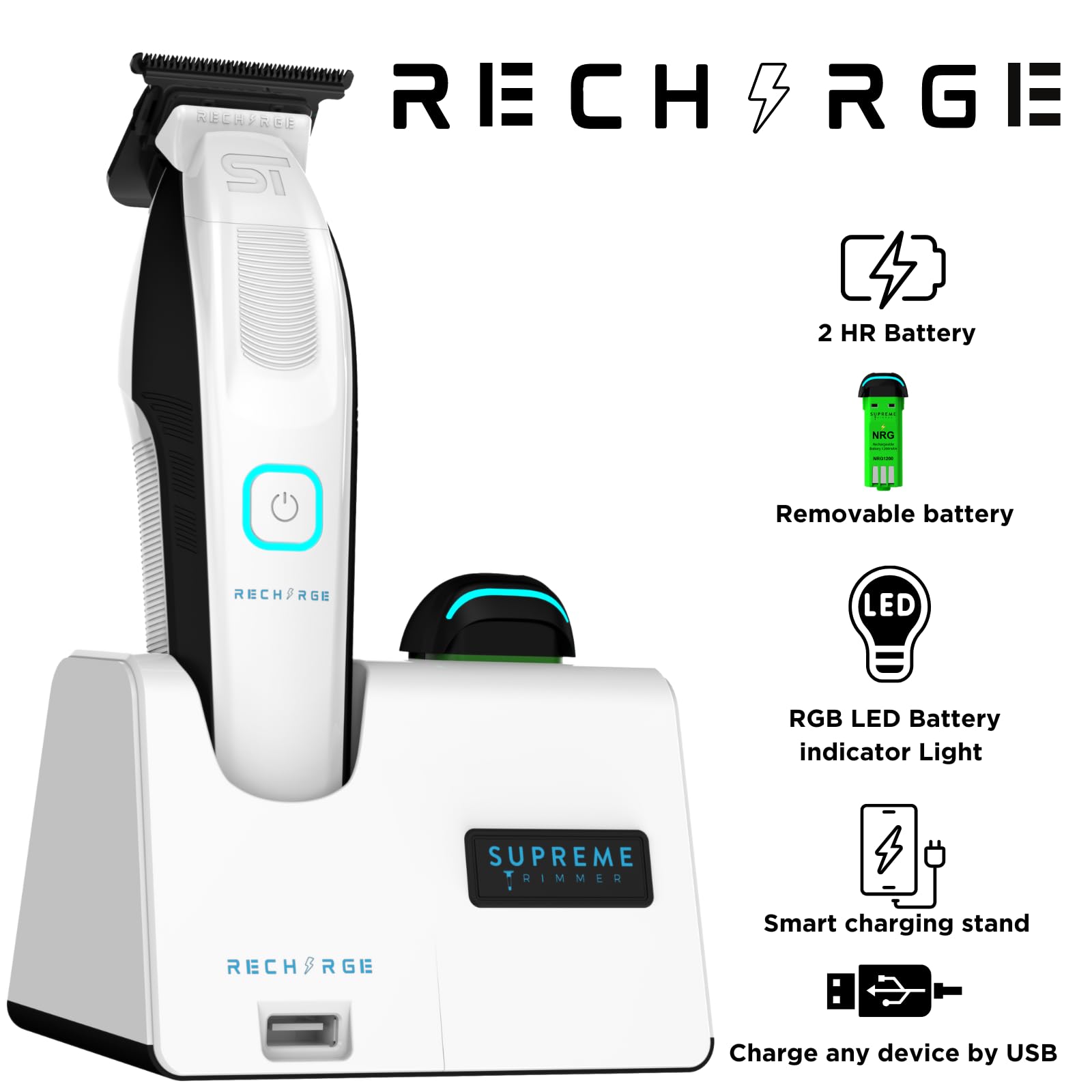 Professional Supreme Trimmer ST777 - Cordless Rechargeable Zero Gap Hair Clipper for Barbers & Stylists | 7500 RPM High Power, Removable Lithium Battery, Smart USB Charging Stand with Phone Charger (White) | Perfect for Salon, Home Haircuts & Beard Trimming