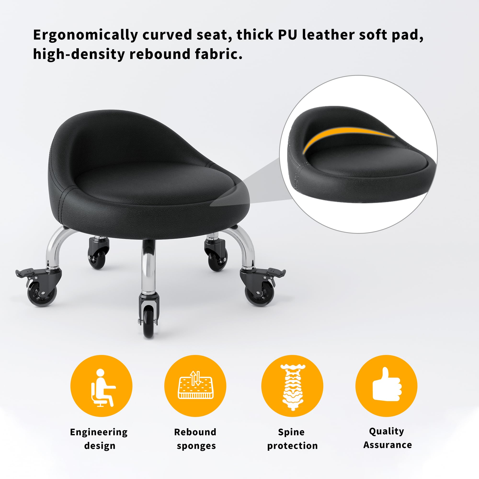 Low Height Rolling Stool with Wheels - PU Leather Adjustable Stool with Backrest & Crystal Universal Casters for Home, Office, Salon | Perfect for Cleaning, Garage Work, Outdoor Picnics & Workspaces (Black)