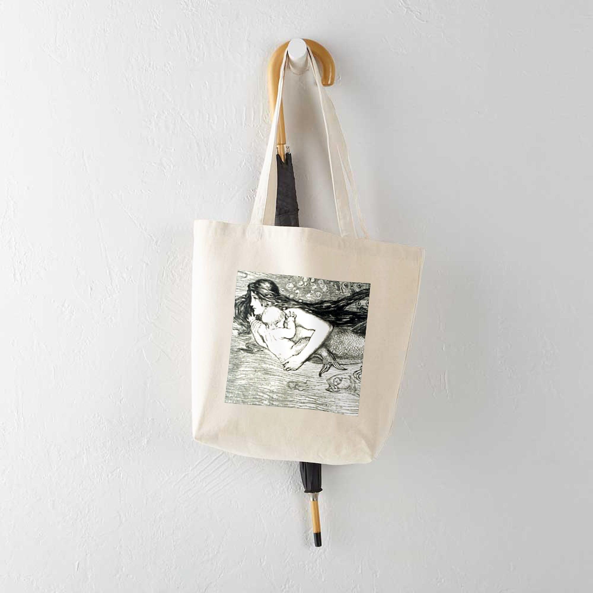Amelia Bauerle Mermaid Tote Bag - Natural Canvas Reusable Shopping Bag for Beach, Grocery & Daily Use | Eco-Friendly Cotton Tote with Unique Mermaid Design