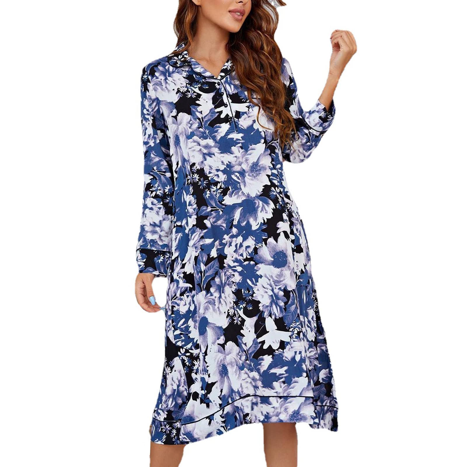 Women's Long Sleeve Nightgown - Red Plaid Cute Midi Loose Comfy Sleepwear & Loungewear (Sizes M-XXL) | Perfect for Sleeping, Relaxing at Home & Cozy Winter Nights