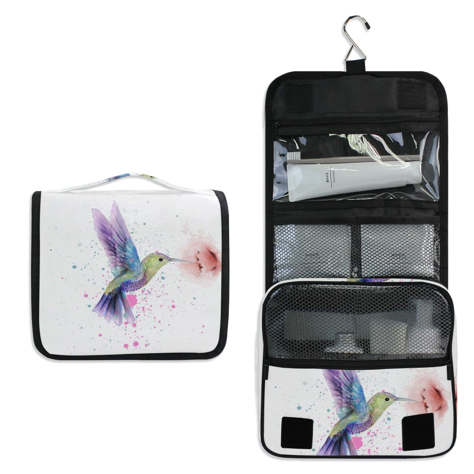 Hupery Watercolor Hummingbird Hanging Travel Toiletry Bag - Waterproof Cosmetic Pouch & Makeup Organizer for Women, Men, Girls - Perfect for Camping, Gym, Beach Trips & Air Travel