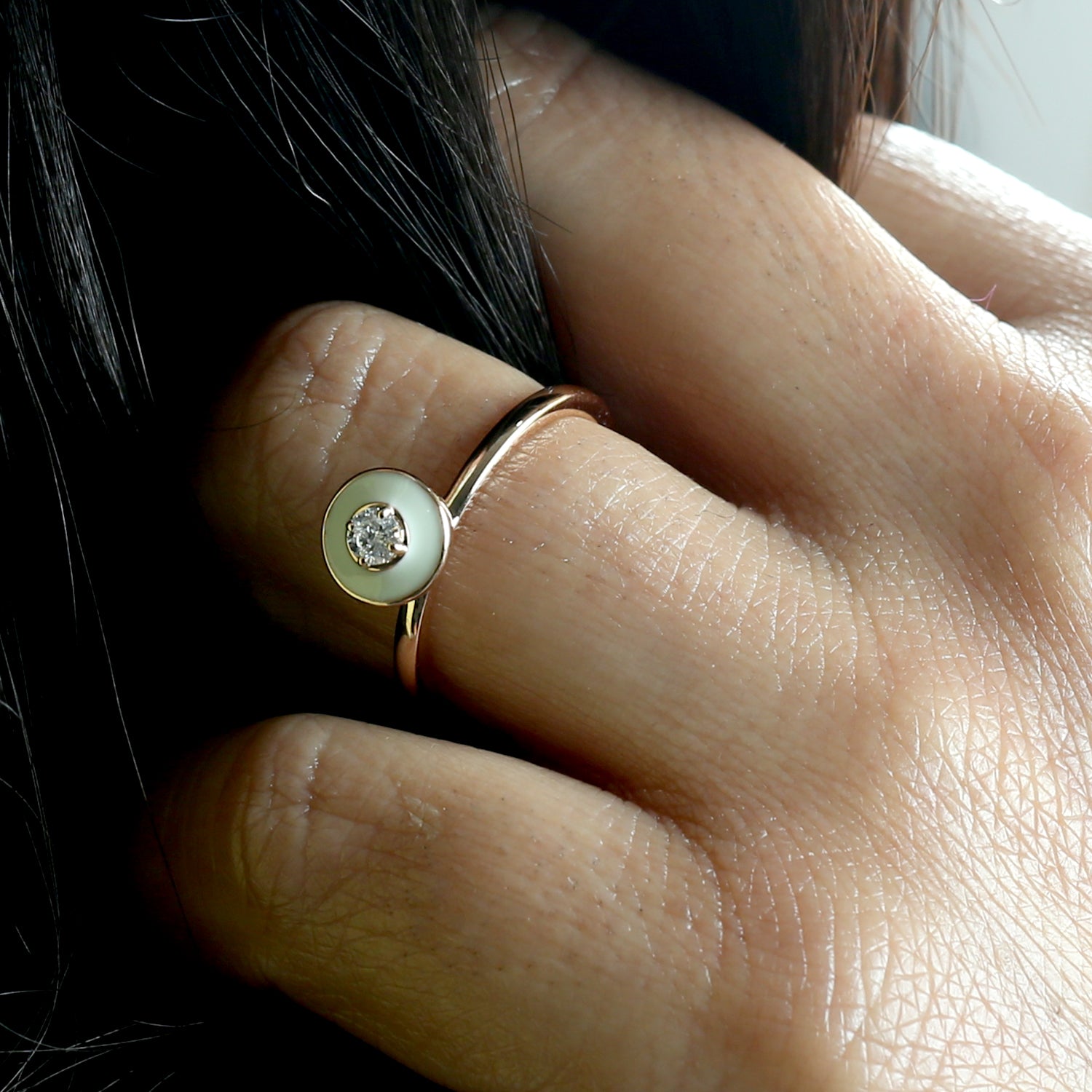 18K Rose Gold Prong Set Diamond Enamel Ring - Handmade Fine Jewelry for Women, Engagement, Wedding, Anniversary Gift
