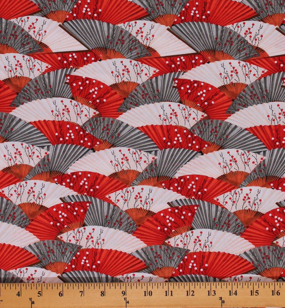 Premium Cotton Hanami Falls Floral Print Fabric by the Yard - Oriental Packed Fans Design Q1639-64768-319 for DIY Crafts, Quilting & Home Decor
