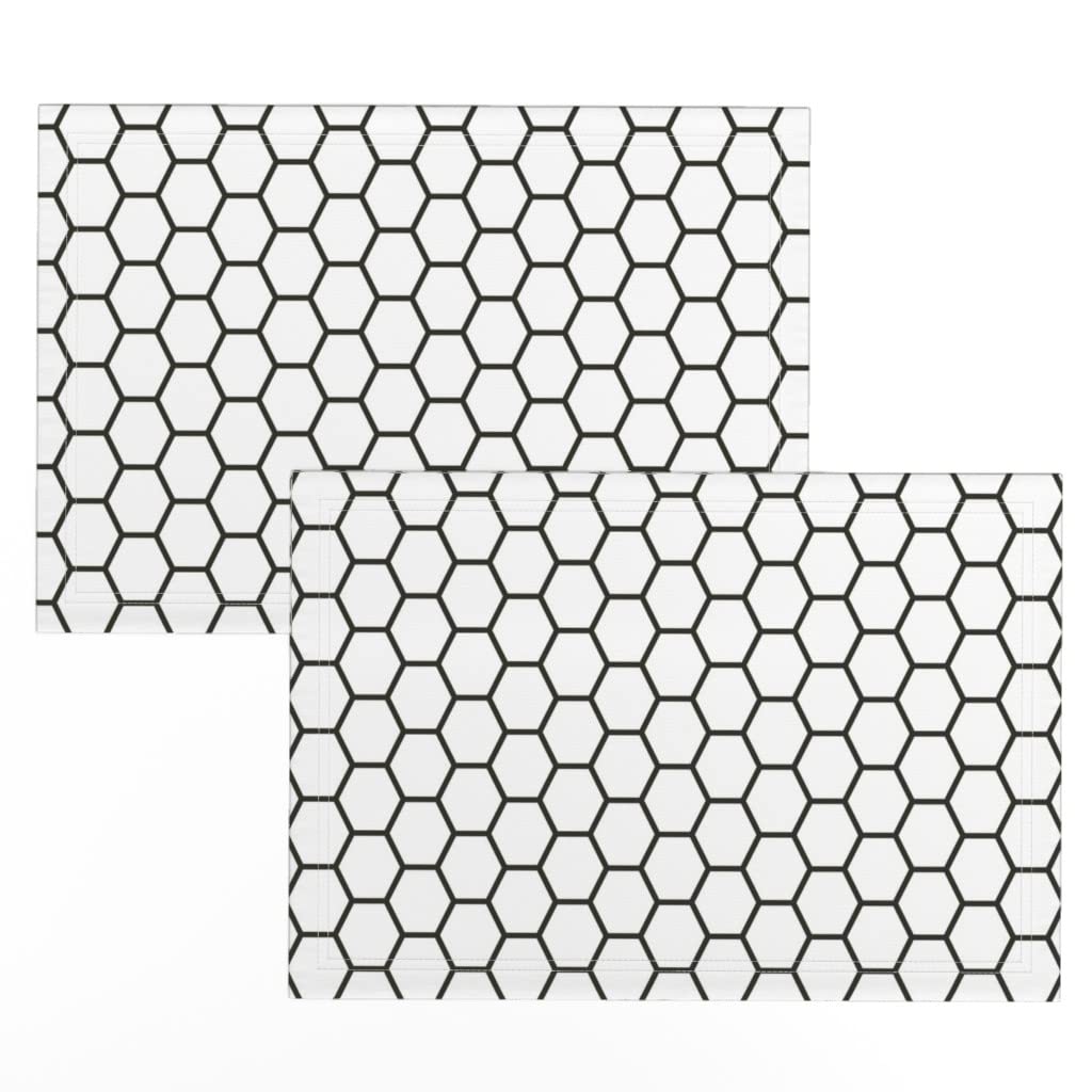 Premium Linen Cotton Canvas Placemats Set of 2 - Hexagon Geometric Honeycomb Design Kitchen Table Mats for Dining, Parties & Home Decor (Black Print)