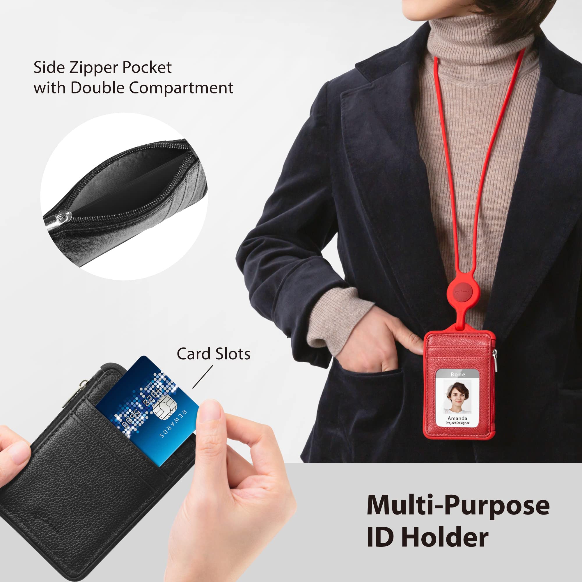 Genuine Leather ID Badge Holder with Zipper & Card Slots - for Office, School & Keys