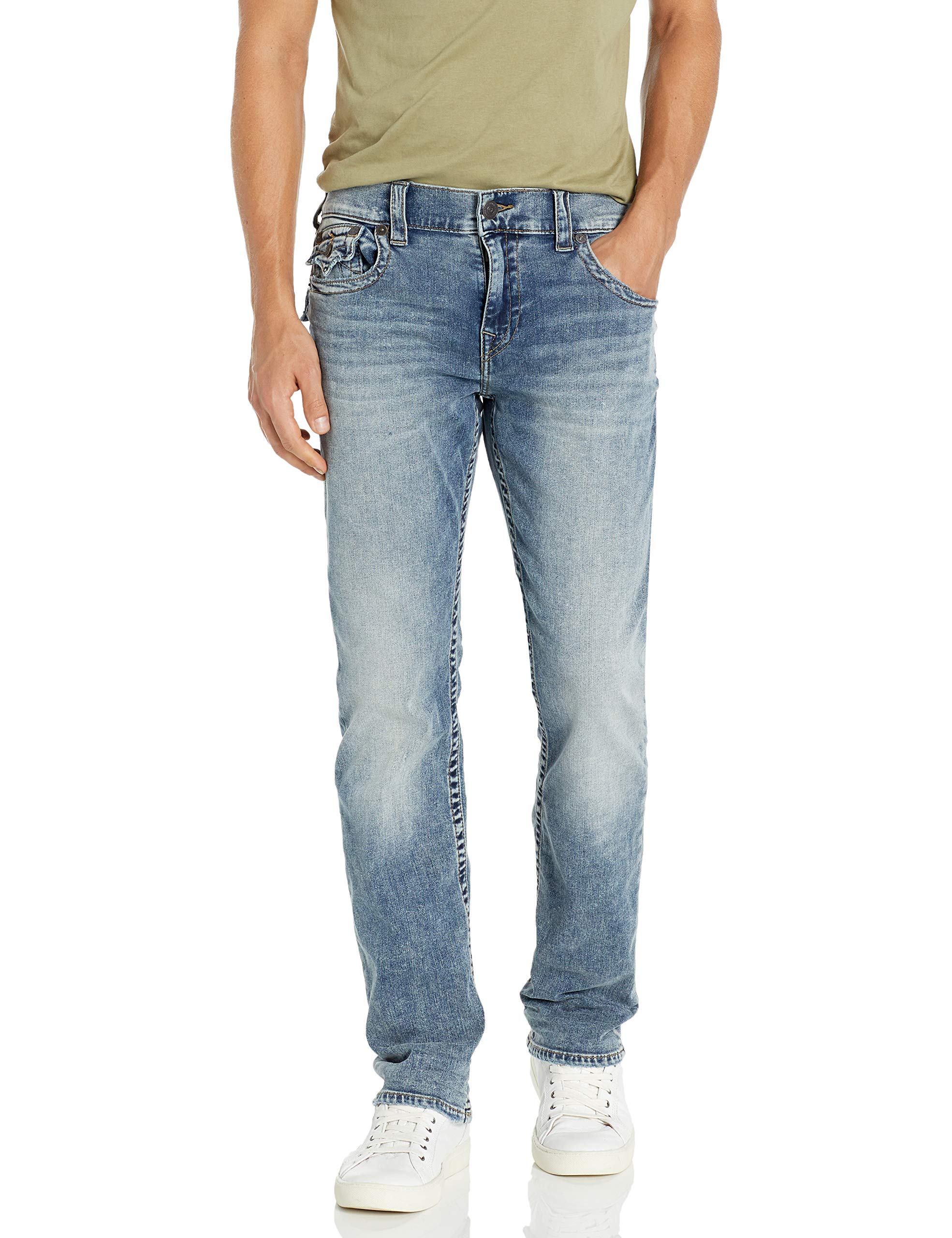 True Religion Men's Ricky Low Rise Straight Leg Jeans with Back Flap Pockets - Slim Fit Denim Pants for Casual Wear & Street Style