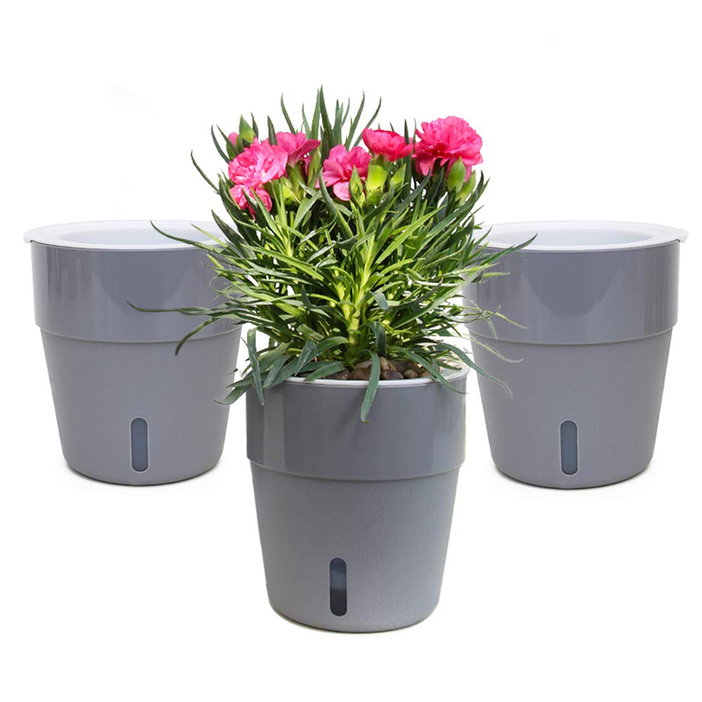 3 Pack Self Watering Planters with Water Level Indicator - 4 Inch Modern Indoor Flower Pots in Gray - Perfect for Home, Office, and Kitchen Decor