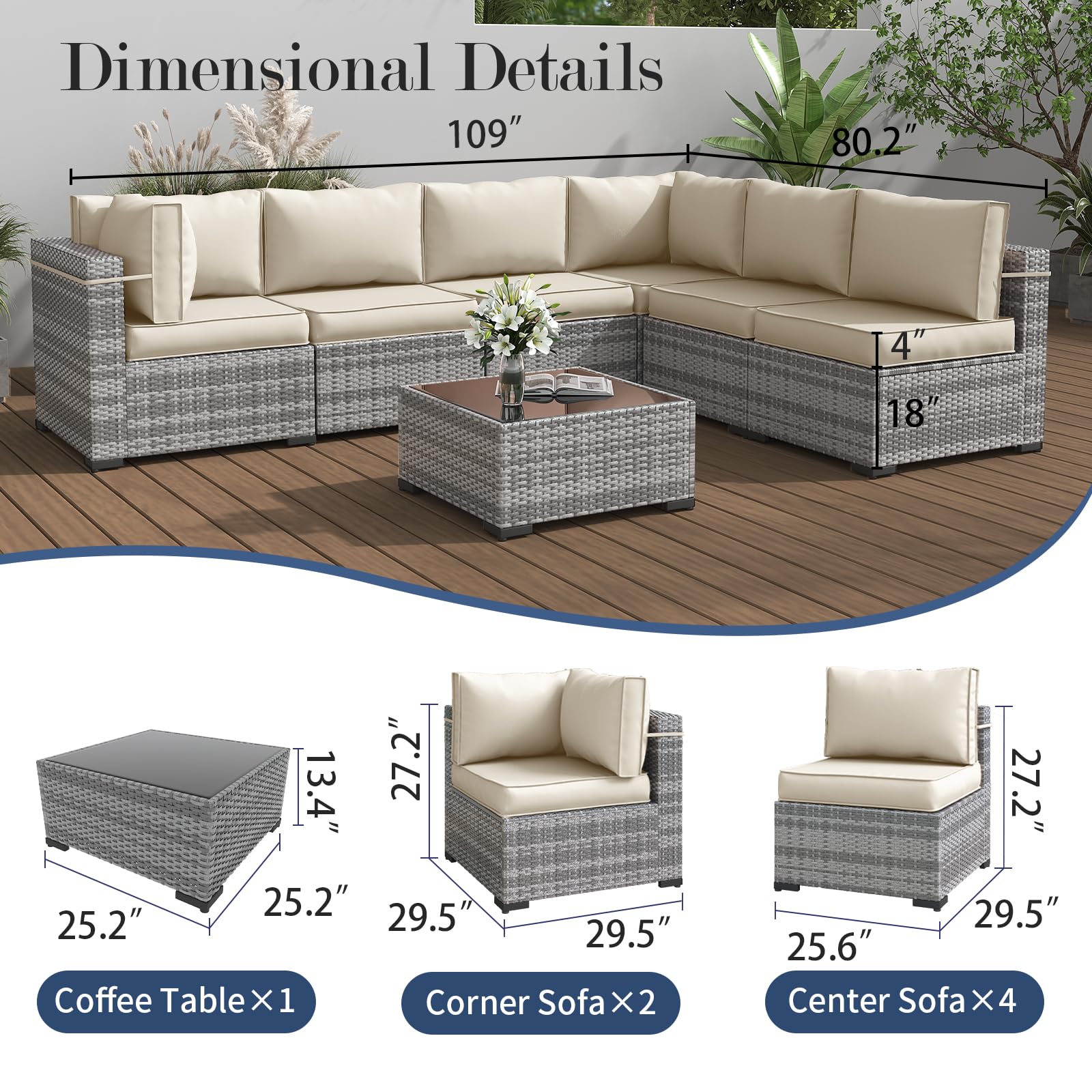 7-Piece Modular Outdoor Patio Furniture Set with Coffee Table - Waterproof Wicker Sectional Sofa Couch for Backyard, Balcony, Garden & Poolside Relaxation