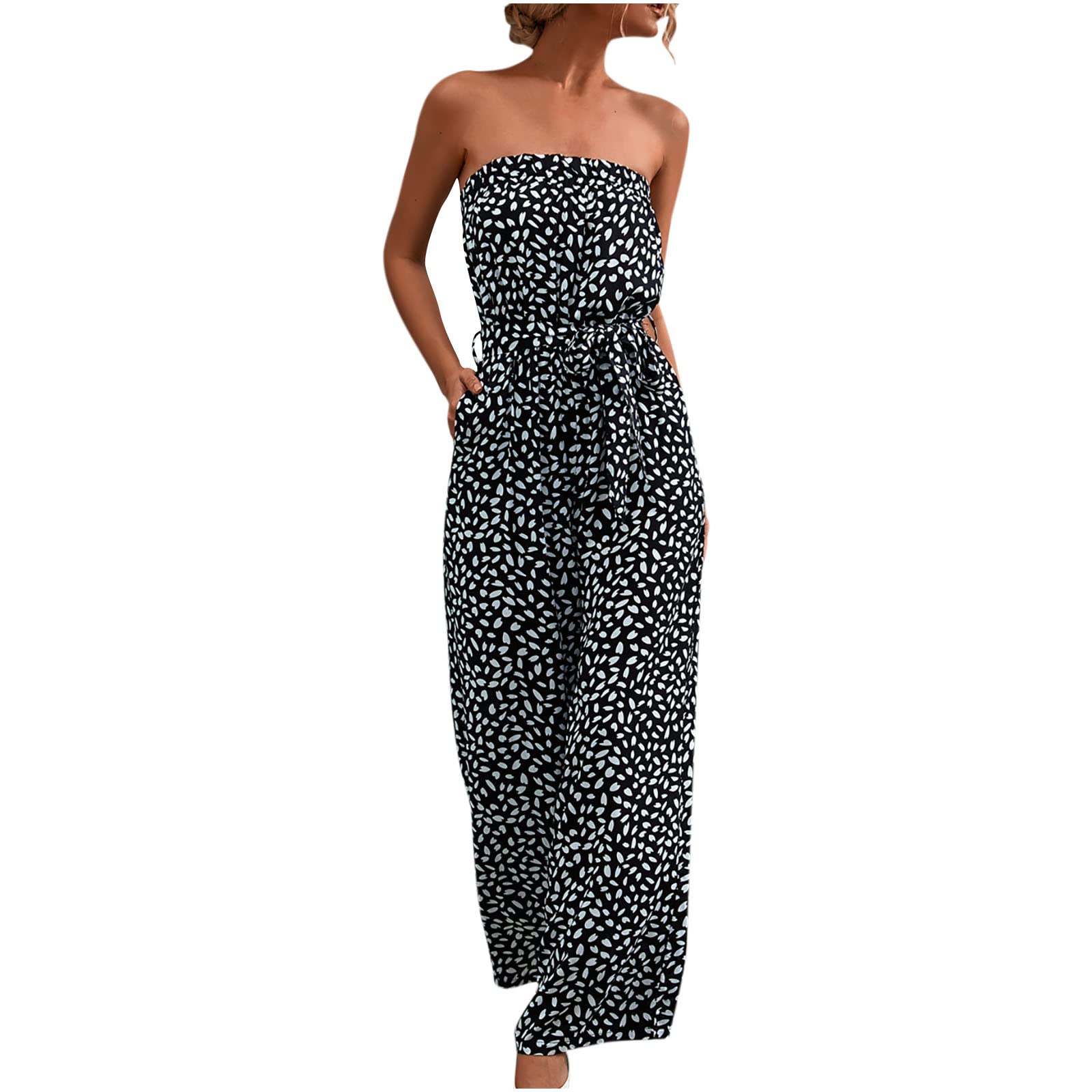 Women's Off Shoulder Jumpsuit - Casual Sleeveless Romper with Belt & Wide Leg Pants, Pockets for Convenience | Perfect for Summer Outings, Beach Vacations & Date Nights
