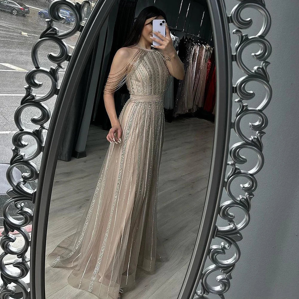 Luxury Dubai Arabic A-Line Gold Beaded Tassel Evening Dress for Women - Elegant Formal Gown for Wedding, Party & Special Occasions - Serene Hill Collection 2025 LA70357 | Perfect for Red Carpet Events, Galas & Bridal Showers