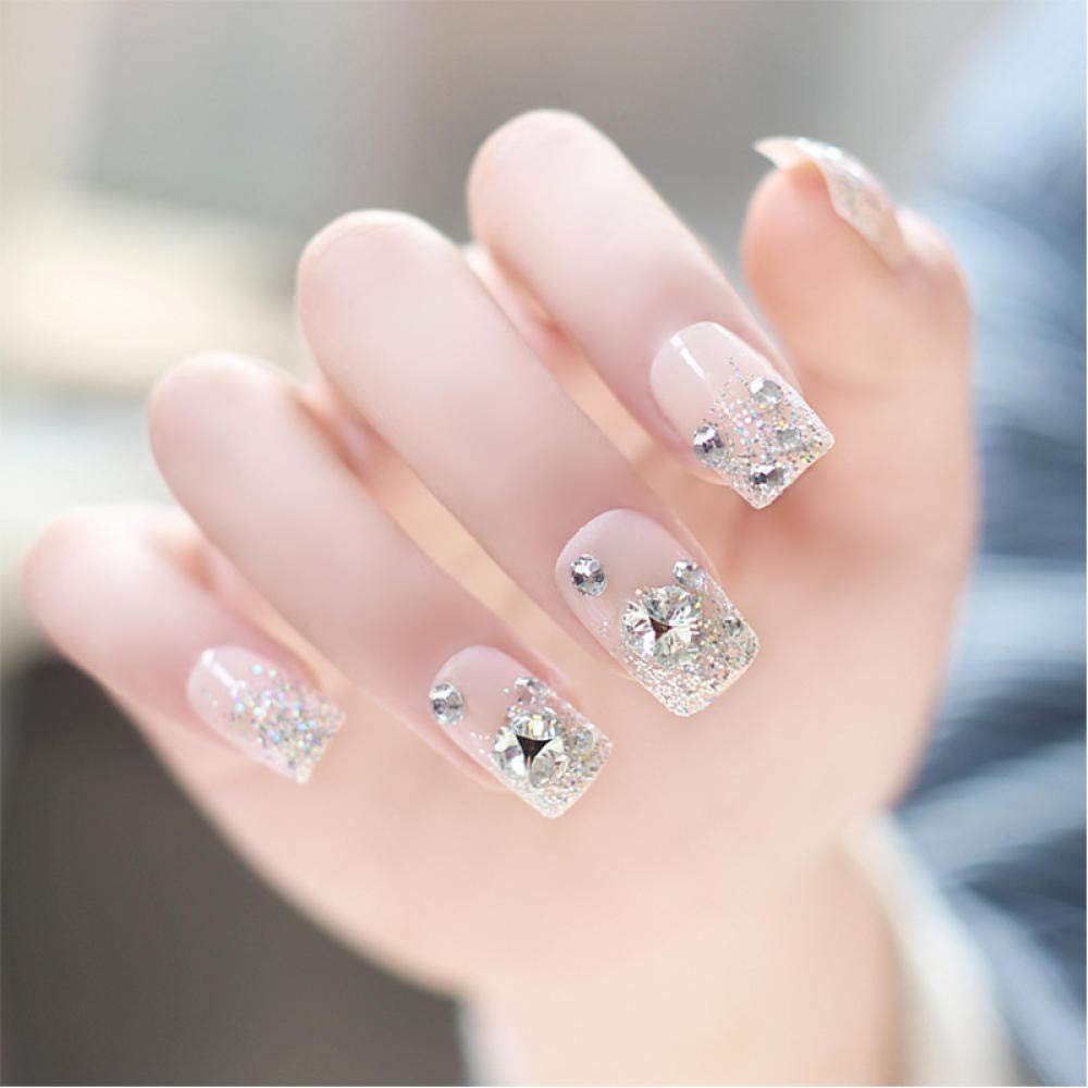 24pcs HUJL False Nails Set - Pink Pre-Designed Rhinestone Full Coverage Artificial Nails | Bridal Nail Art Tips for Wedding, Party & Special Occasions