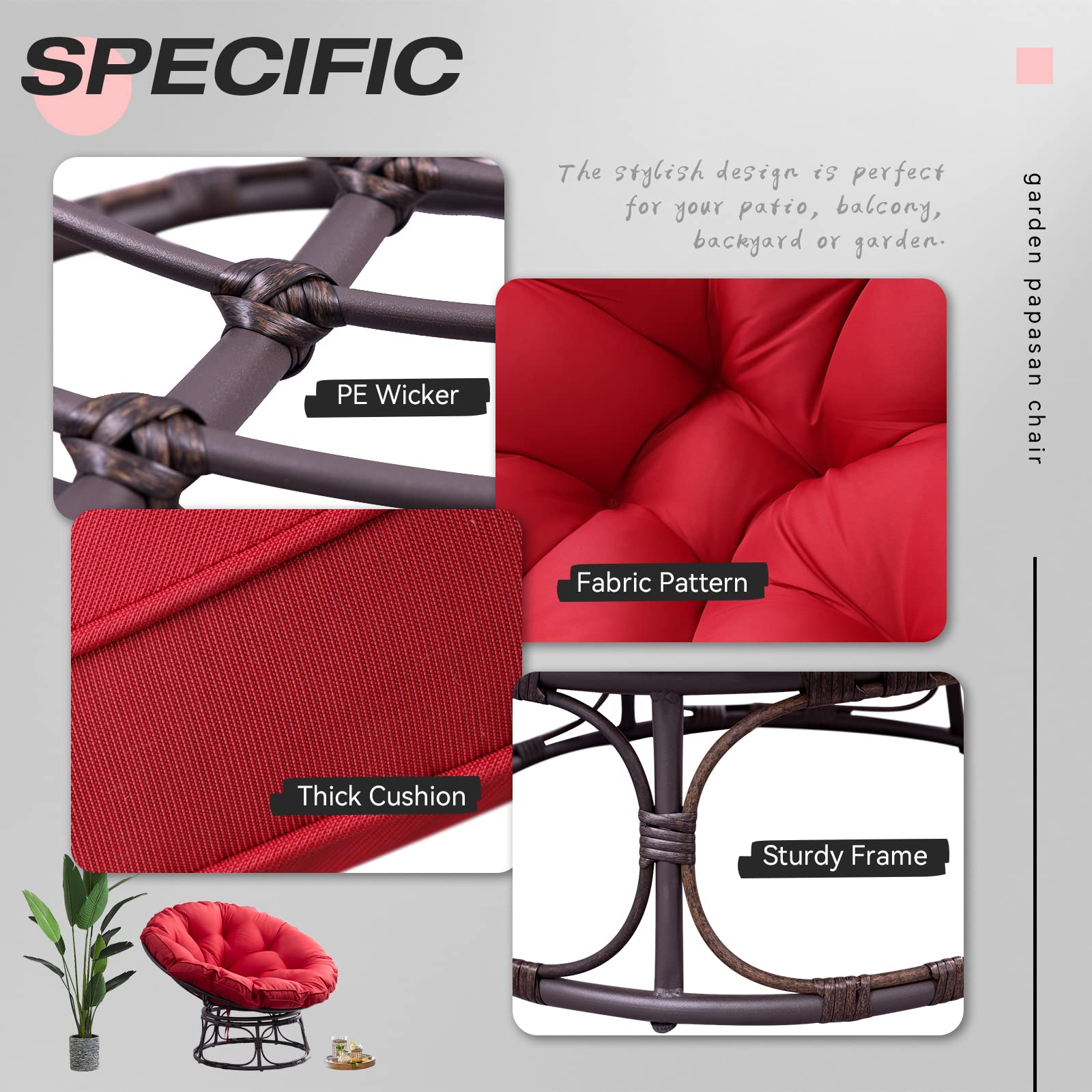 Joyside 46'' Wicker Papasan Chair with Cushion & Frame - Large Round Saucer Lounge Chair for Living Room, Bedroom, or Outdoor Relaxation - Perfect Circle Chair for Reading, Napping, and Lounging in Red