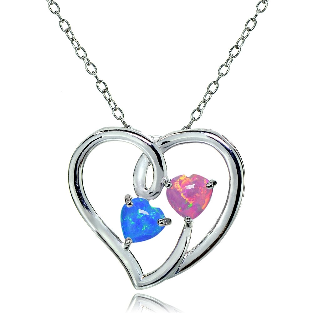 Sterling Silver Double Open Heart Necklace with Genuine & Created Gemstones - 5 Color Options | Elegant Gift for Valentine's Day, Anniversary & Special Occasions