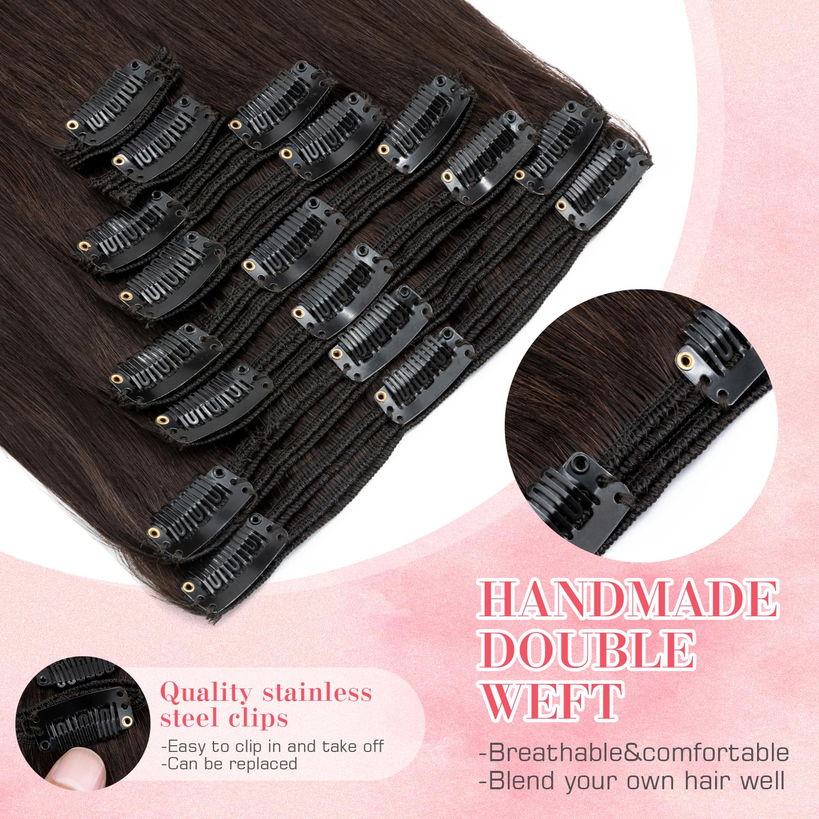 S-noilite Clip in Hair Extensions 22 Inch Dark Brown - 100% Remy Human Hair, Double Weft, 8PCS (160g) #2 - Natural Straight Hair Extensions for Women | Perfect for Volume Boost, Length Extension & Special Occasions