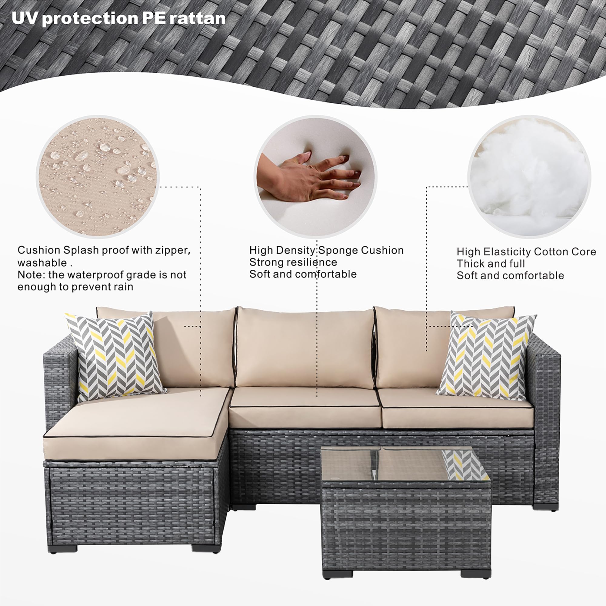 **JAMFLY 3-Piece All-Weather Outdoor Patio Furniture Set - Rattan Sectional Sofa with Tea Table & Cushions, Durable Wicker Patio Set (Khaki) - Perfect for Backyard, Garden, Poolside & Balcony Relaxation**