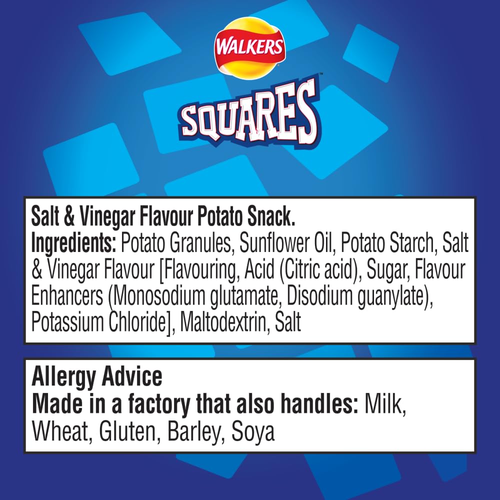 Walkers Squares Salt and Vinegar Crisps - 32 Pack (27.5g Each) | Crunchy Potato Snacks for Parties, Picnics & On-the-Go Snacking