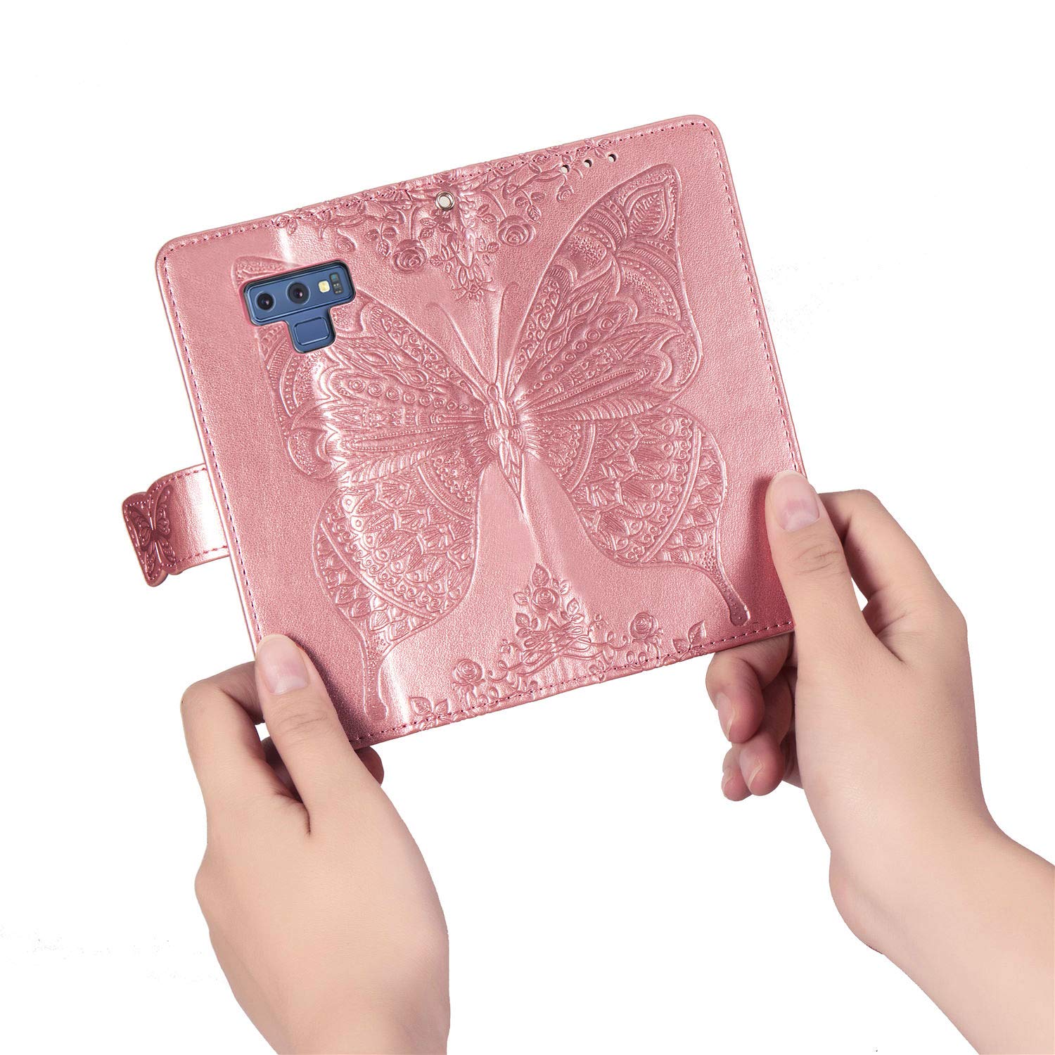 3D Butterfly Flower Embossed Leather Wallet Case for Samsung Galaxy Note 9 - Slim Flip Protective Cover with Magnetic Closure, Credit Card Slots & Kickstand Function (Rose Gold) | Perfect for Daily Use, Travel & Hands-Free Viewing
