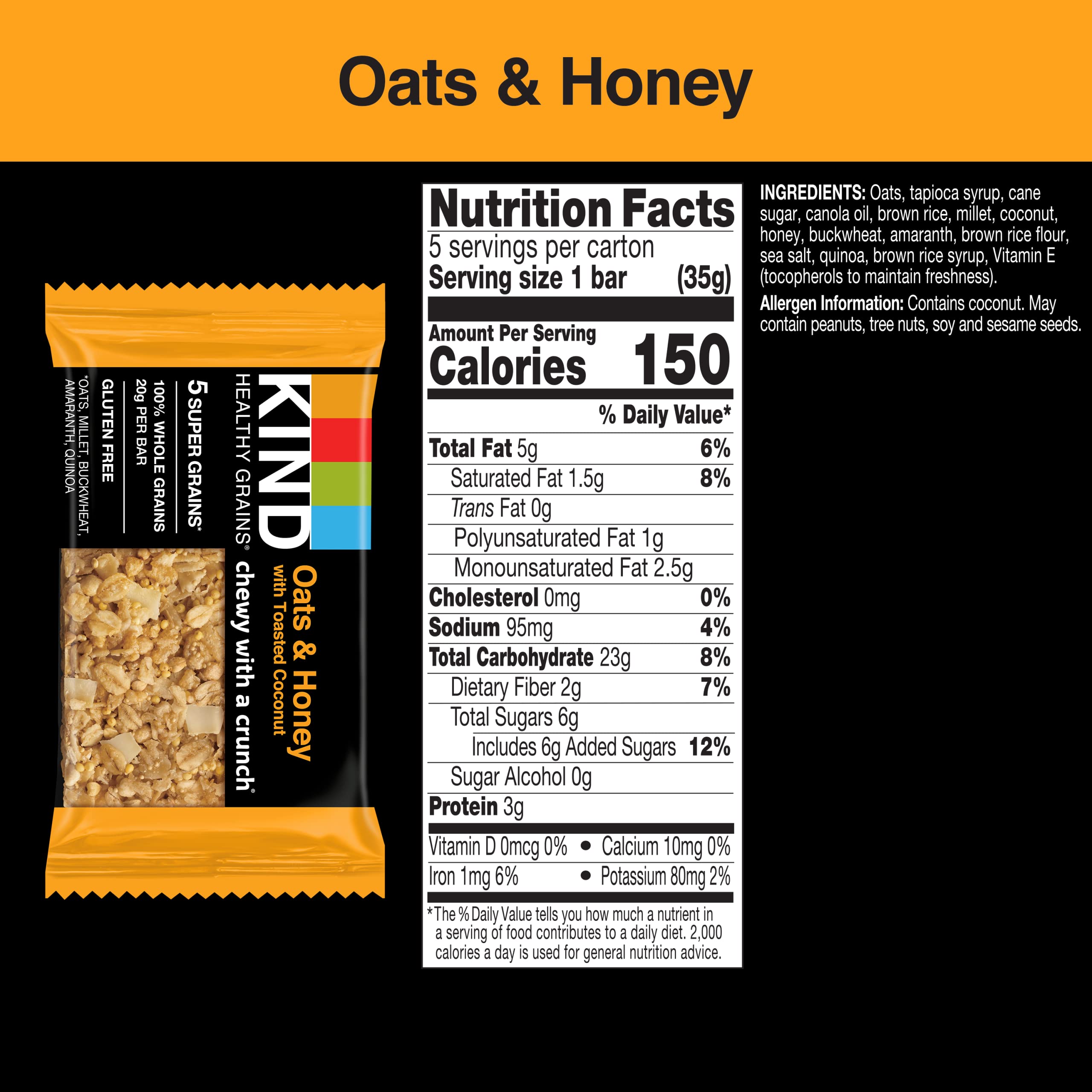 KIND Healthy Grains Oats & Honey with Toasted Coconut Bars - Gluten Free Snack Bars, 1.2oz (40 Count) | Perfect for On-the-Go Breakfast, Office Snacks & Healthy Travel Food