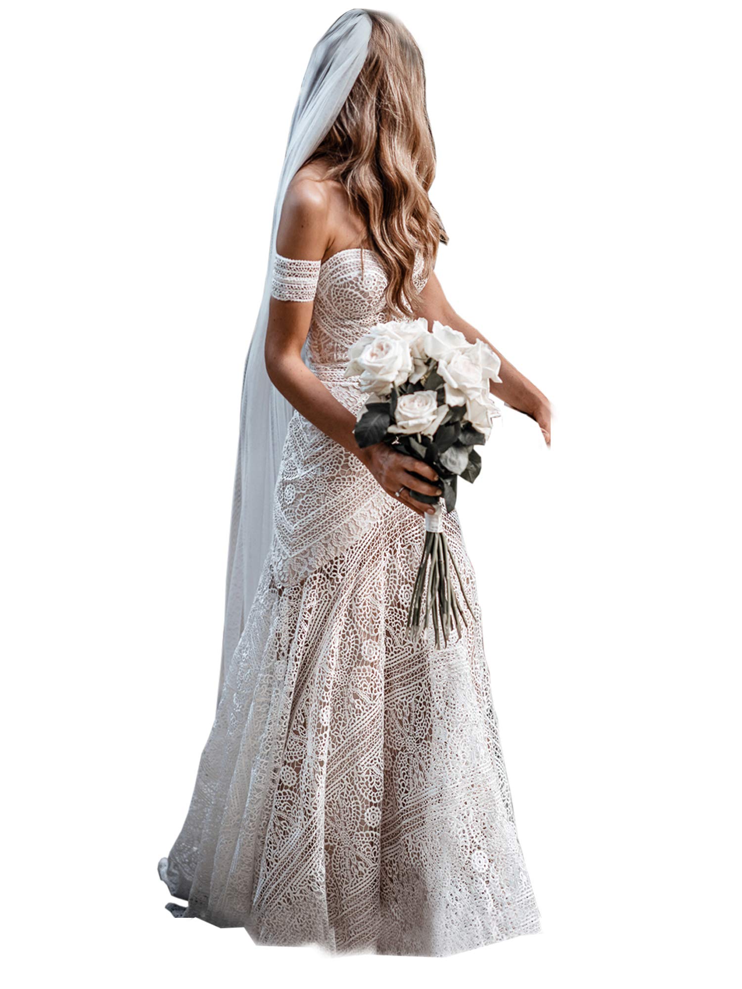 LIPOSA Women's Bohemian Wedding Dress with Detachable Arm Bands - Sweetheart Neckline Mermaid Lace Bridal Gown for Beach, Garden & Outdoor Ceremonies