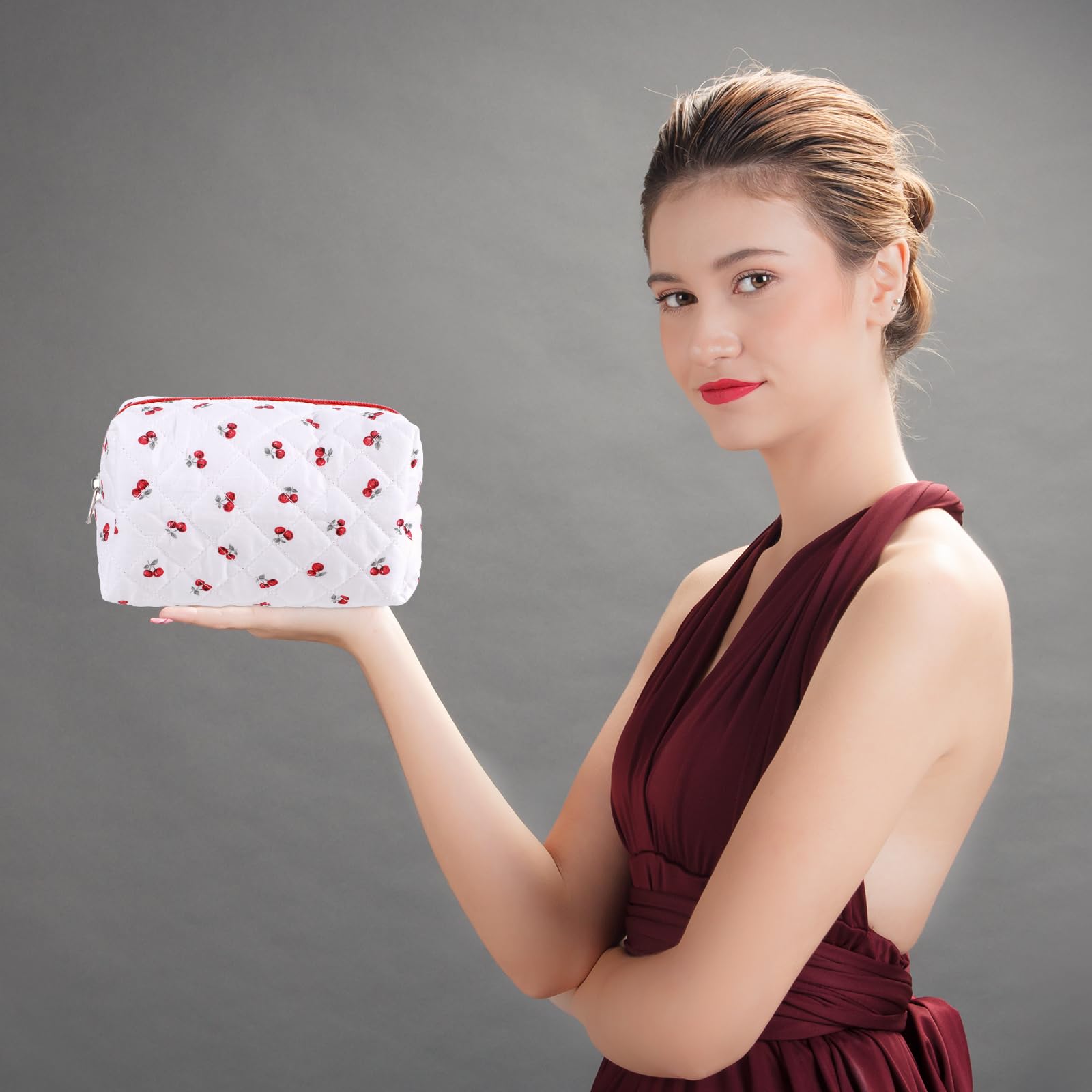 Quilted Cherry Makeup Bag for Women & Girls - Cute Small Travel Cosmetic Pouch with Zipper, Portable Toiletry Organizer | Perfect for Travel, Gym, and Daily Use