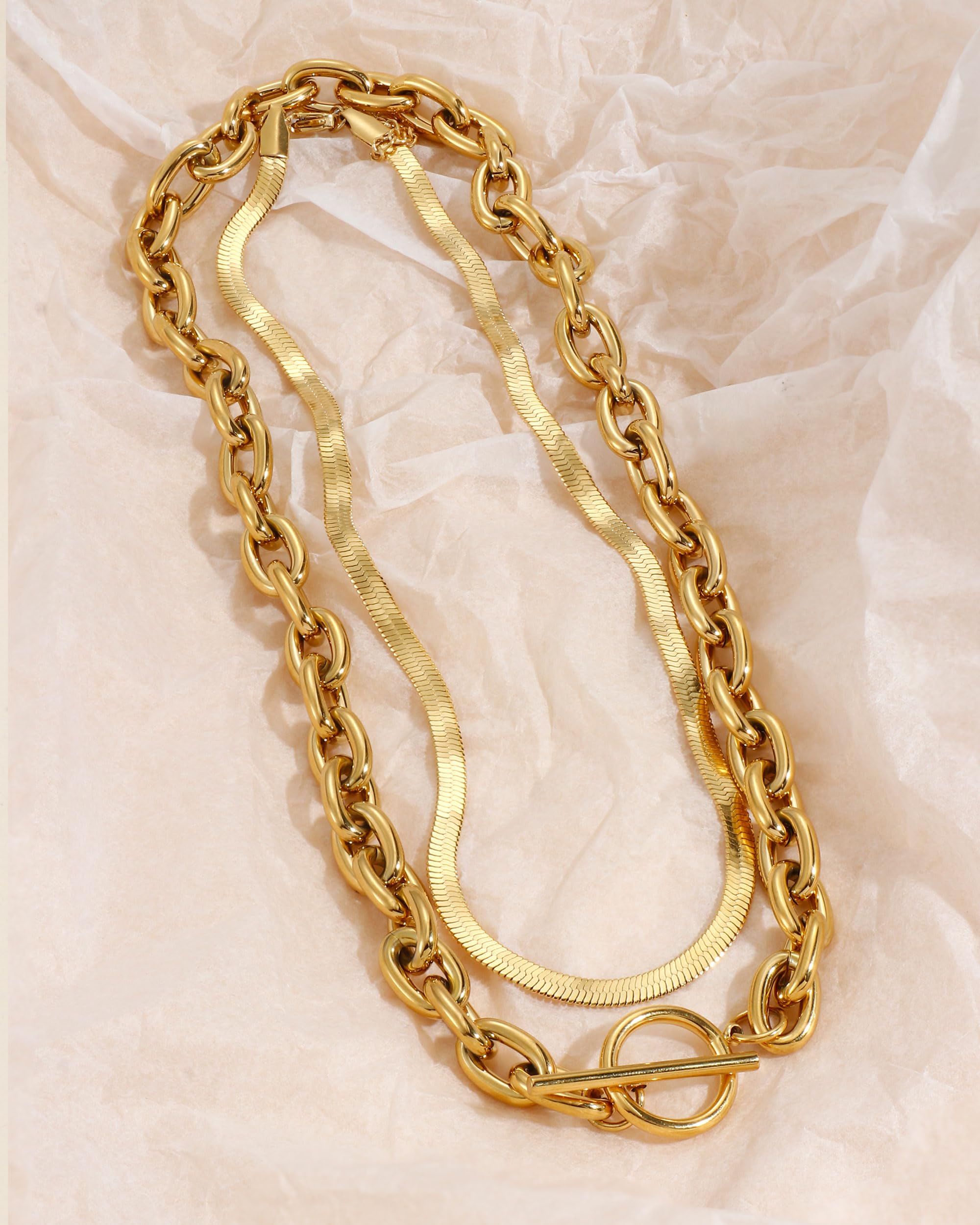 18K Chunky Gold Necklace for Women & Men - Sweatproof & Non-Tarnish Layered Chain Necklace - Thick Herringbone Paperclip Necklace Stack - Perfect for Layering, Everyday Wear & Special Occasions