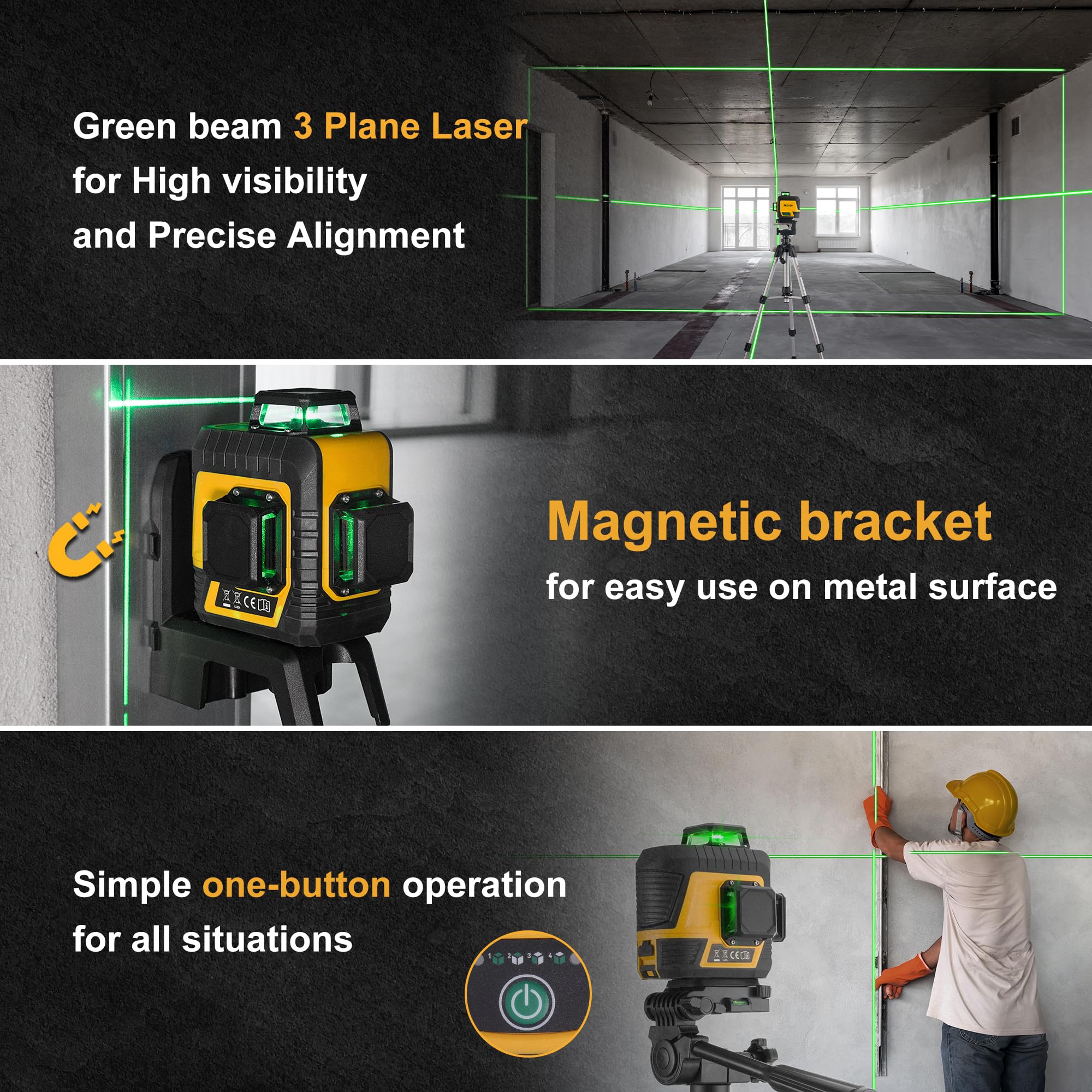 PREXISO 3 X 360° Green Beam Laser Level with Tripod - Self-Leveling Rechargeable Cross Line Laser Leveler (82Ft Range) for Construction, Tile Work, Home Renovation - Includes Magnetic Base, Iron Plate & Carrying Bag - Perfect for Wall Alignment, Floor Tiling & DIY Projects