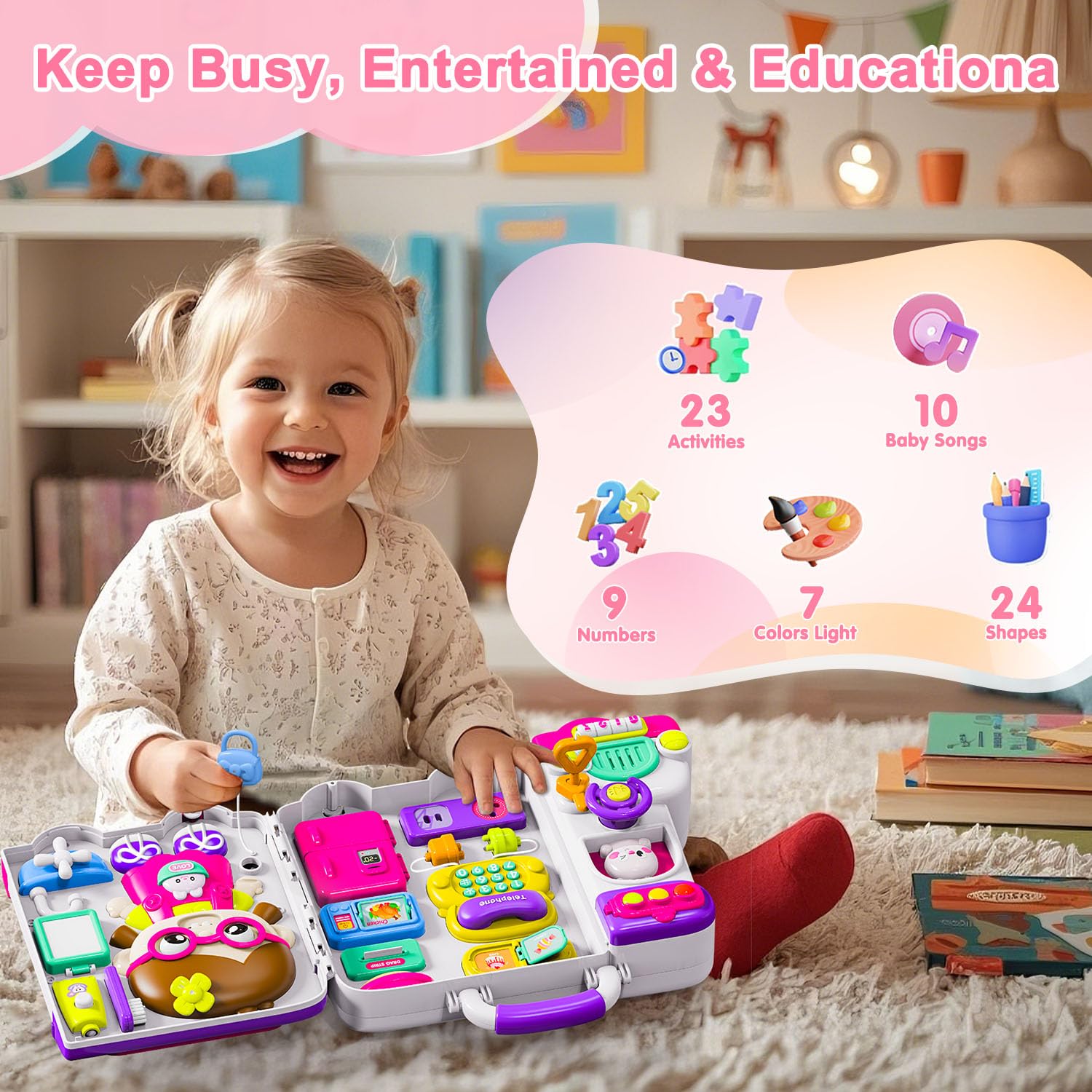 Montessori Busy Board for Toddlers 1-3 Years - Educational Fine Motor Skills Toy with Music for 12-18 Month Old Babies - Perfect Birthday Gift for 1+ Year Old Girls - Great for Preschool Learning & Travel Activities