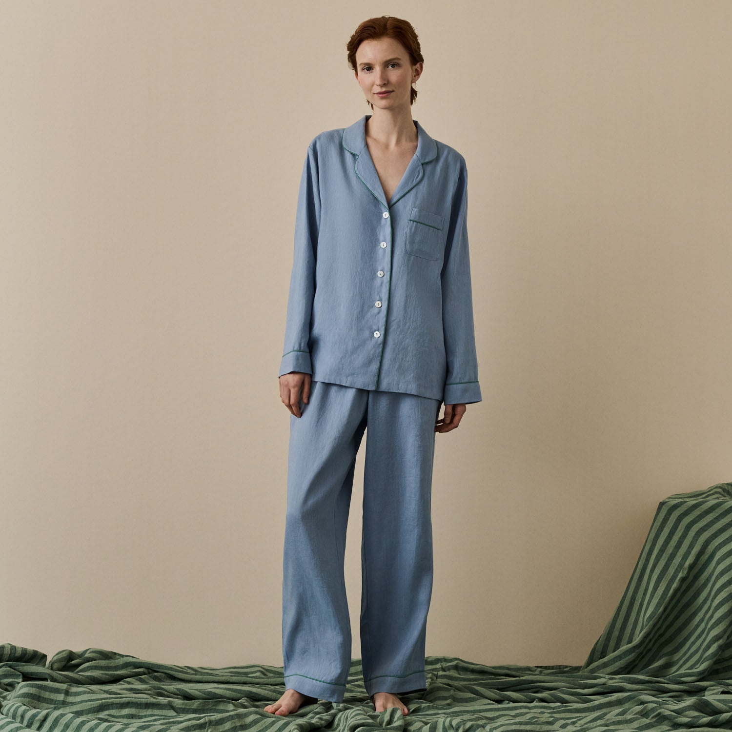 Wave Blue Linen Pajama Set for Women - Soft Breathable Sleepwear Lounge Set - Perfect for Summer Nights & Relaxing at Home