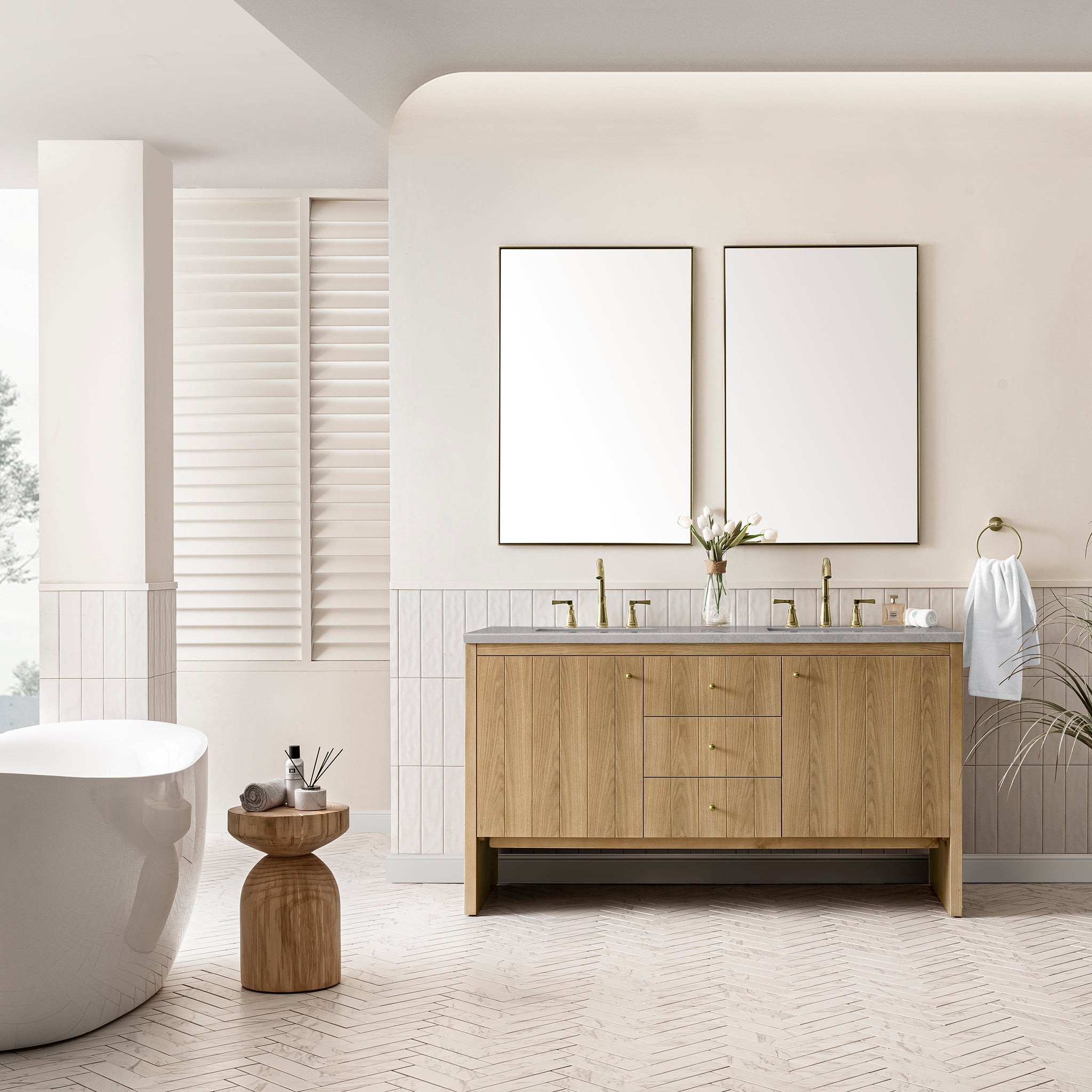 60-Inch Hudson Double Bathroom Vanity with Light Natural Oak Finish & 3CM Eternal Serena Quartz Top – Perfect for Master Bathroom Renovation & Modern Home Decor