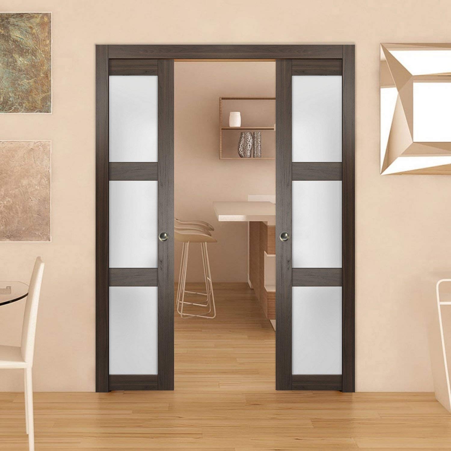 SARTODOORS 28x80 Inches Frosted Glass Slab Barn Door Panel - Lucia 2552 Chocolate Ash Finish | Solid Wood Construction | Perfect for Closet, Bedroom & Home Office Sliding Doors