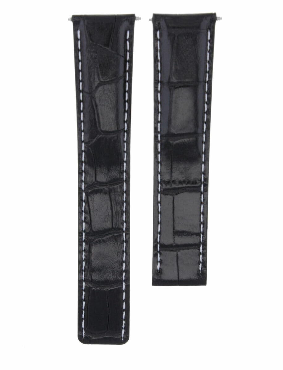 22mm Genuine Leather Watch Band Strap for Breitling Navitimer & Avenger Colt - Black with White Stitching | Replacement Watch Strap for Men's Luxury Watches | Perfect for Business, Casual & Formal Occasions