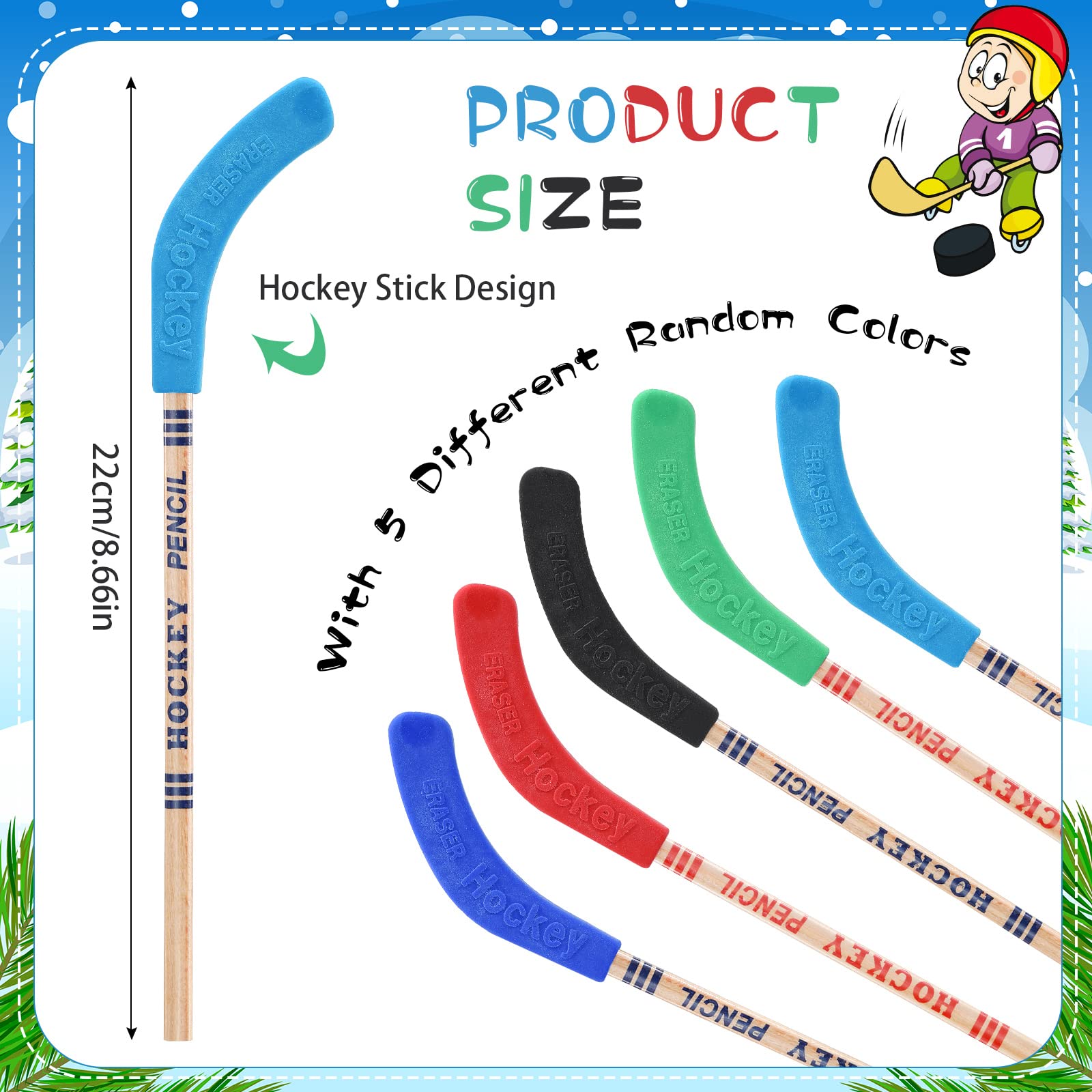 Geyee 18-Piece Hockey-Themed Pencil Set with Erasers - Sports Party Favors, Student Rewards & Fan Decorations (8.66 Inch) - Perfect for Hockey Parties, School Incentives & Sports-Themed Gifts