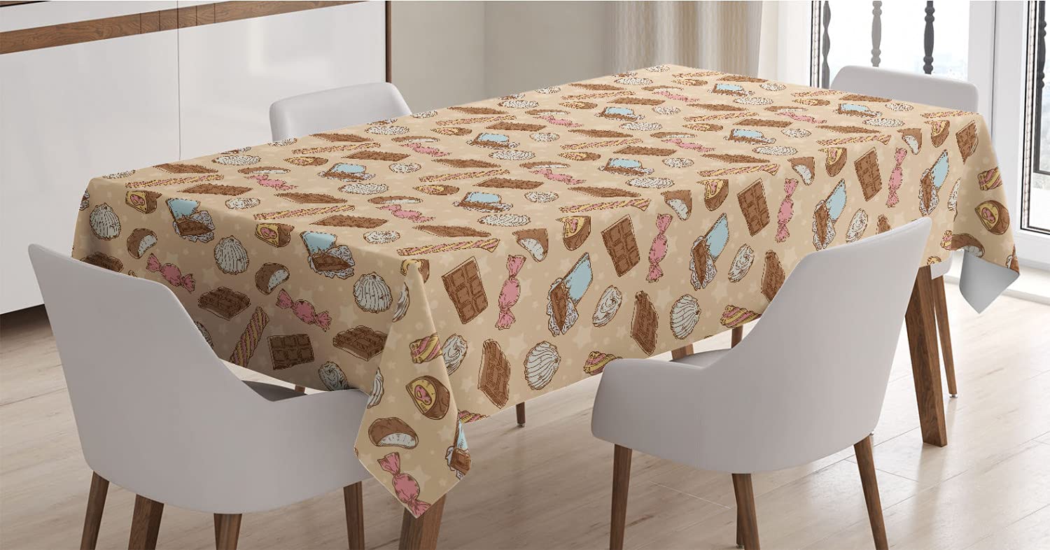 Vintage Chocolate Candy Tablecloth - Ambesonne Satin Dining Table Cover with Chocolate Bars, Marshmallows, Stars & Dots Pattern, 52x70 Inch Multicolor Rectangle Tablecloth for Kitchen, Dining Room, Party Decor & Holiday Gatherings