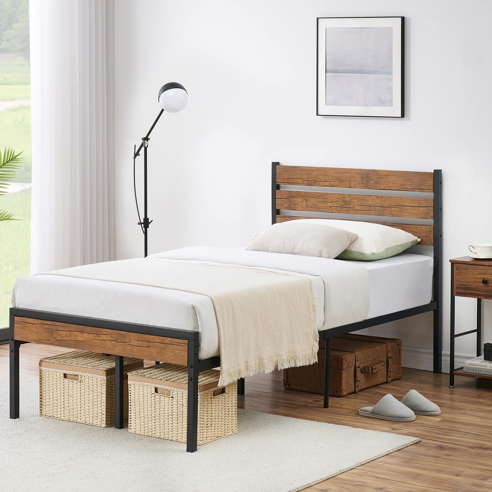 Alkmaar Twin Size Bed Frame with Wooden Headboard & Metal Slats - Sturdy Platform Bed with Underbed Storage Space, No Box Spring Required - Black Modern Bedroom Furniture for Small Spaces & Guest Rooms