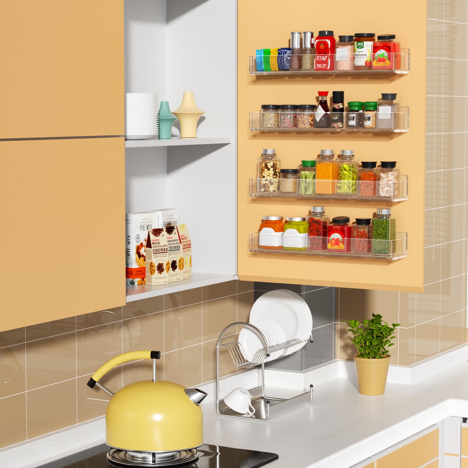 NIUBEE Clear Acrylic Wall Mounted Spice Rack Organizer - 4 Pack Kitchen Storage Shelf for Seasonings & Spices | Space-Saving Hanging Solution for Small Kitchens, Pantries & Countertops