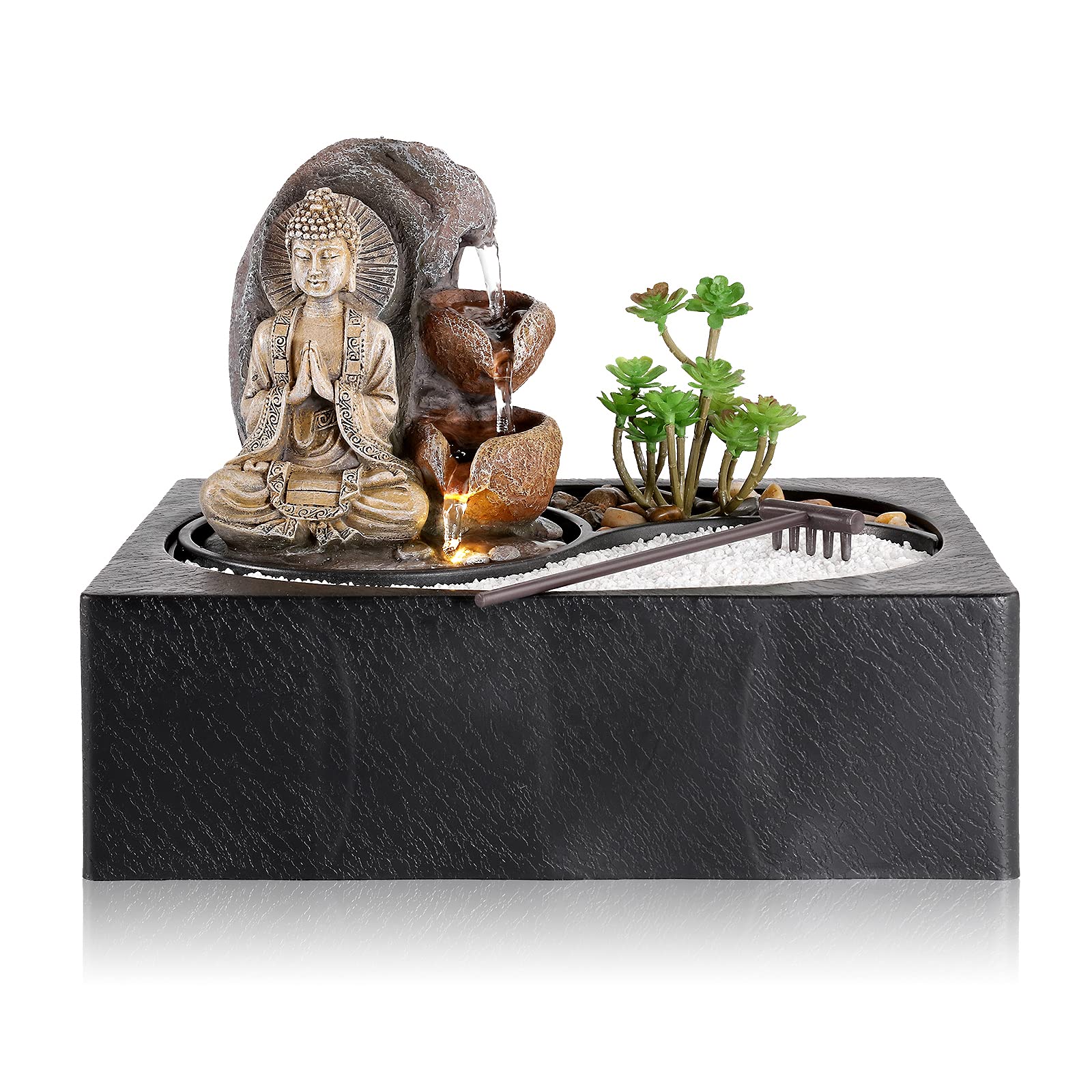 Dyna-Living Indoor Tabletop Water Fountain with Zen Garden, LED Warm Light & Buddha Statue - Relaxing Home Decor for Living Room, Office, Meditation Space