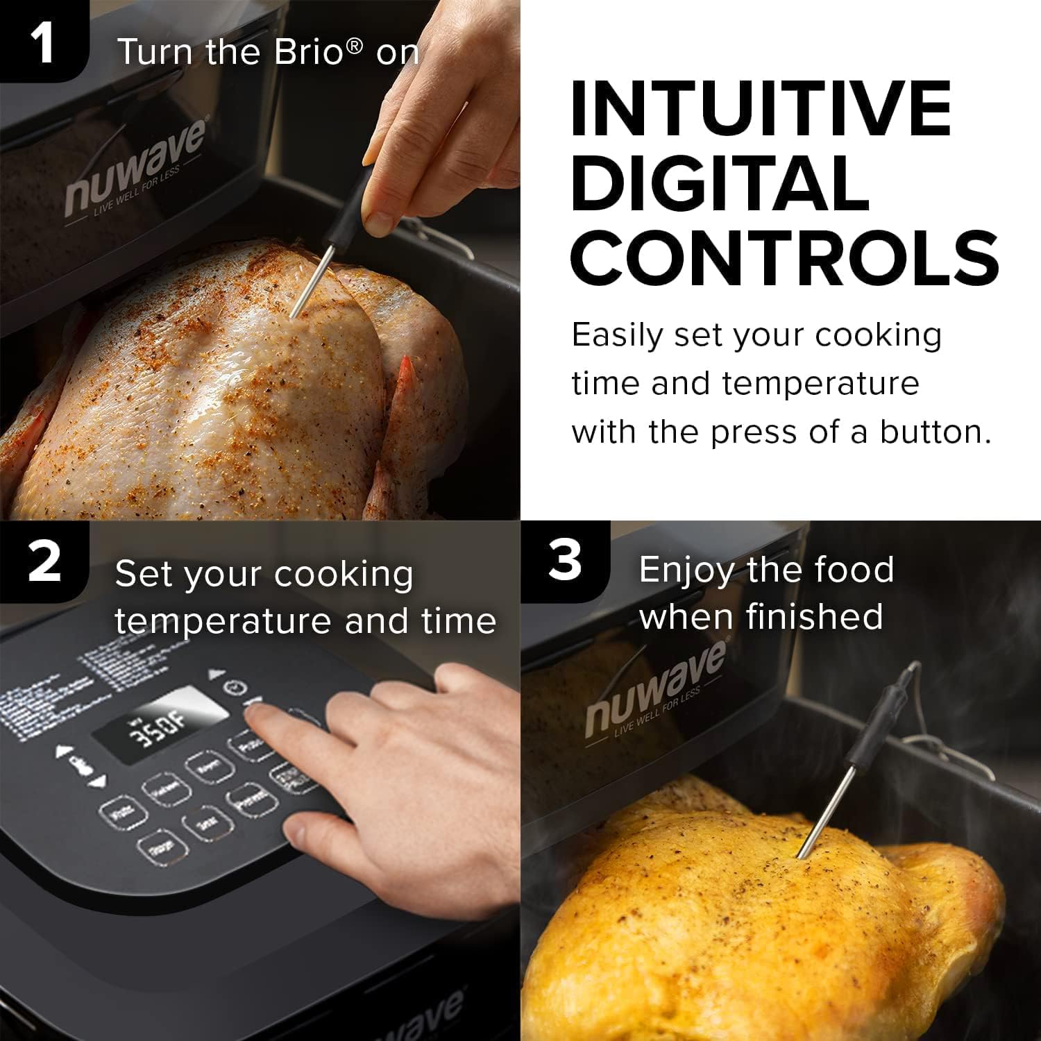NUWAVE Brio 8-Quart Air Fryer with 1800W Power - Digital Display, Precise 50°F to 400°F Temperature Control - 100 Presets & 50 Memory Slots - Built-in Smart Thermometer & Linear T Technology - Perfect for Healthy Cooking, Family Meals & Quick Snacks