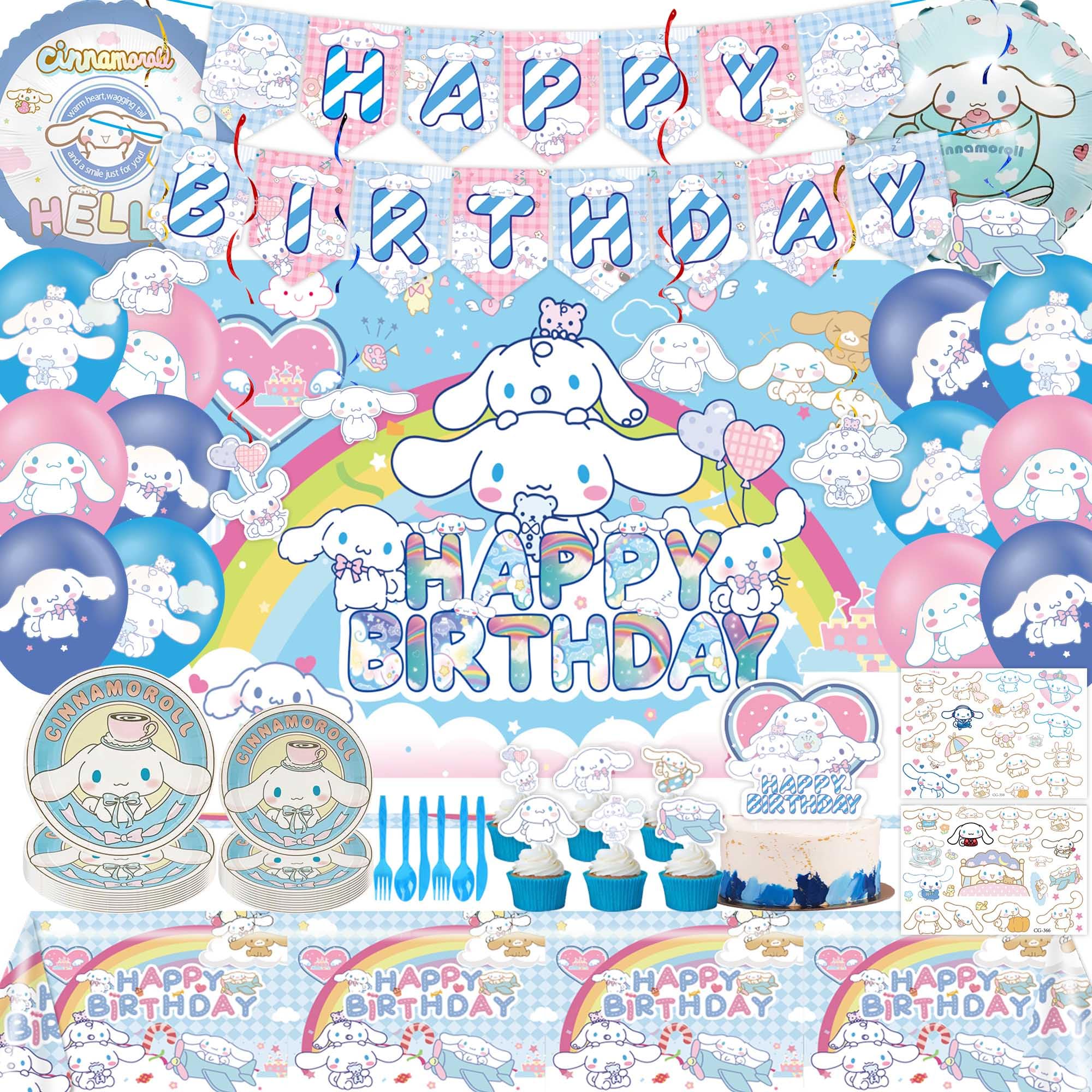 Cute Kawaii Birthday Party Decorations Set - Banner, Balloons, Tablecloth, Plates & Tattoo Stickers with Backdrop | Perfect for Girls' Birthday, Baby Shower & Themed Parties