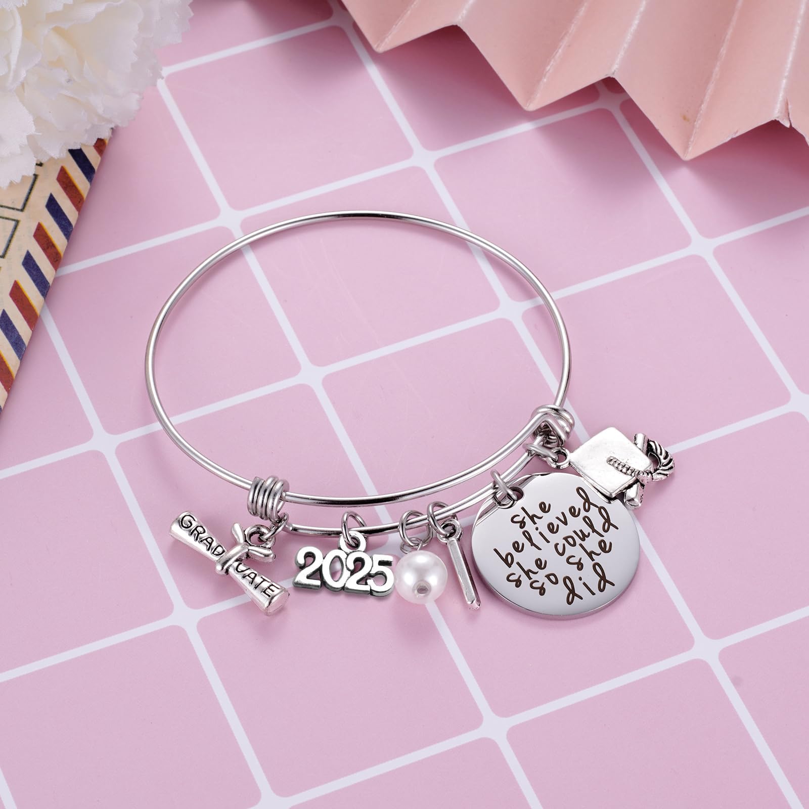 Ukodnus Class of 2025 Graduation Bracelet - Inspirational Gift for High School & College Graduates - Personalized 26 Initial Charm Bracelet for Women - Perfect Graduation Party, Senior Year Keepsake & Achievement Celebration Gift