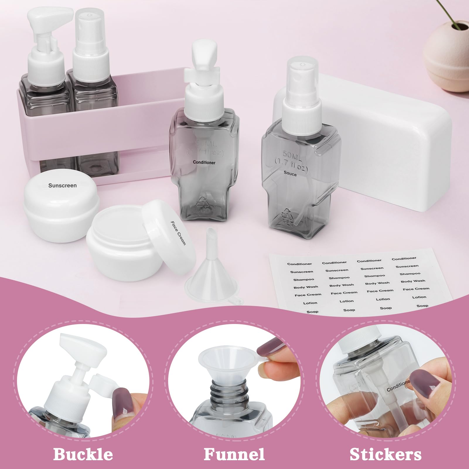 TSA Approved Travel Toiletries Bottles Set - Leakproof Refillable Containers for Shampoo, Conditioner & Perfume - Mini Travel Size Essentials Kit for Airplane, Camping & Gym